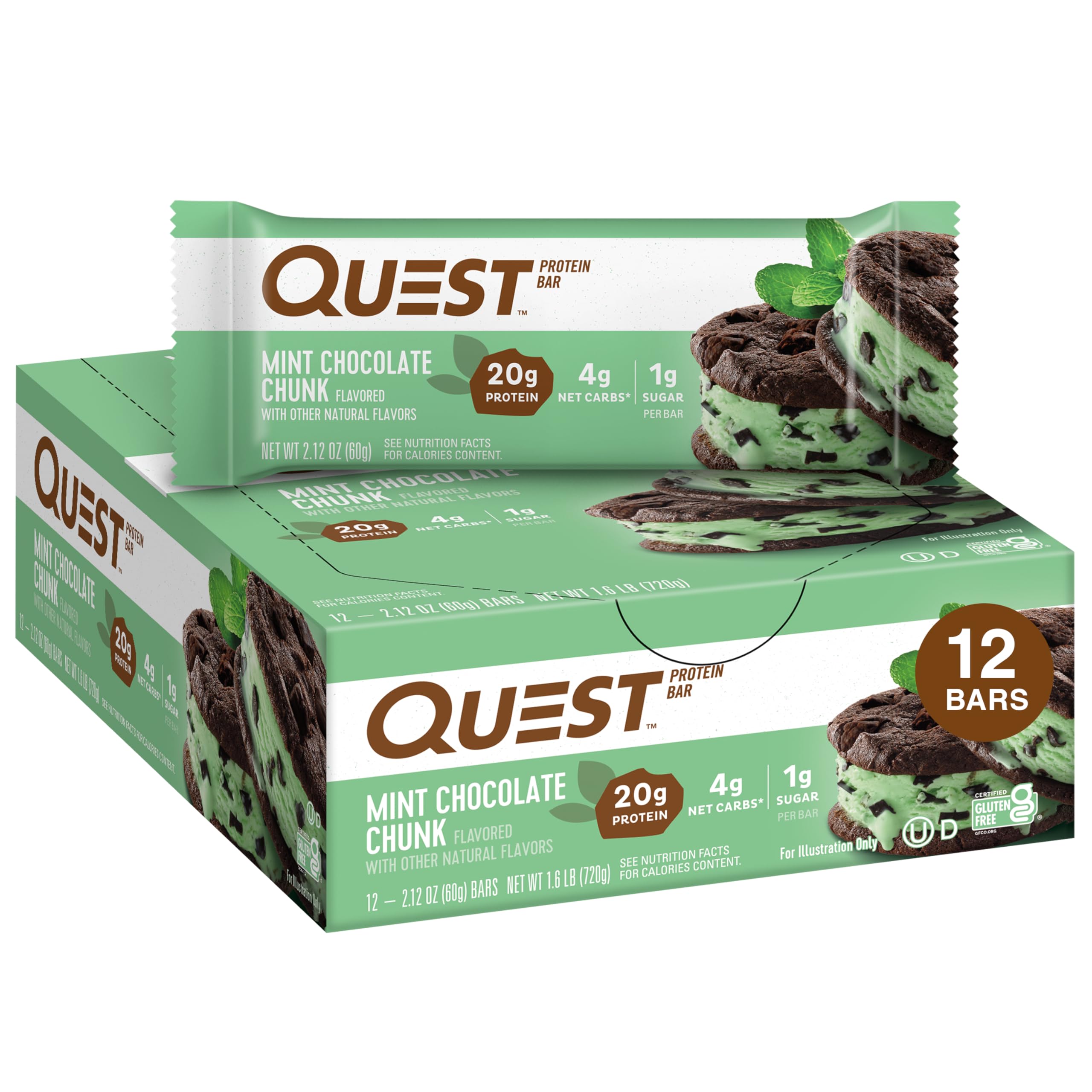 Quest Nutrition Chocolate Chip Dough Cookie Protein Bars, 21g Protein, 1g Sugar, 4g Net Carb, High Fiber, Gluten Free, Keto Friendy, 12 Count