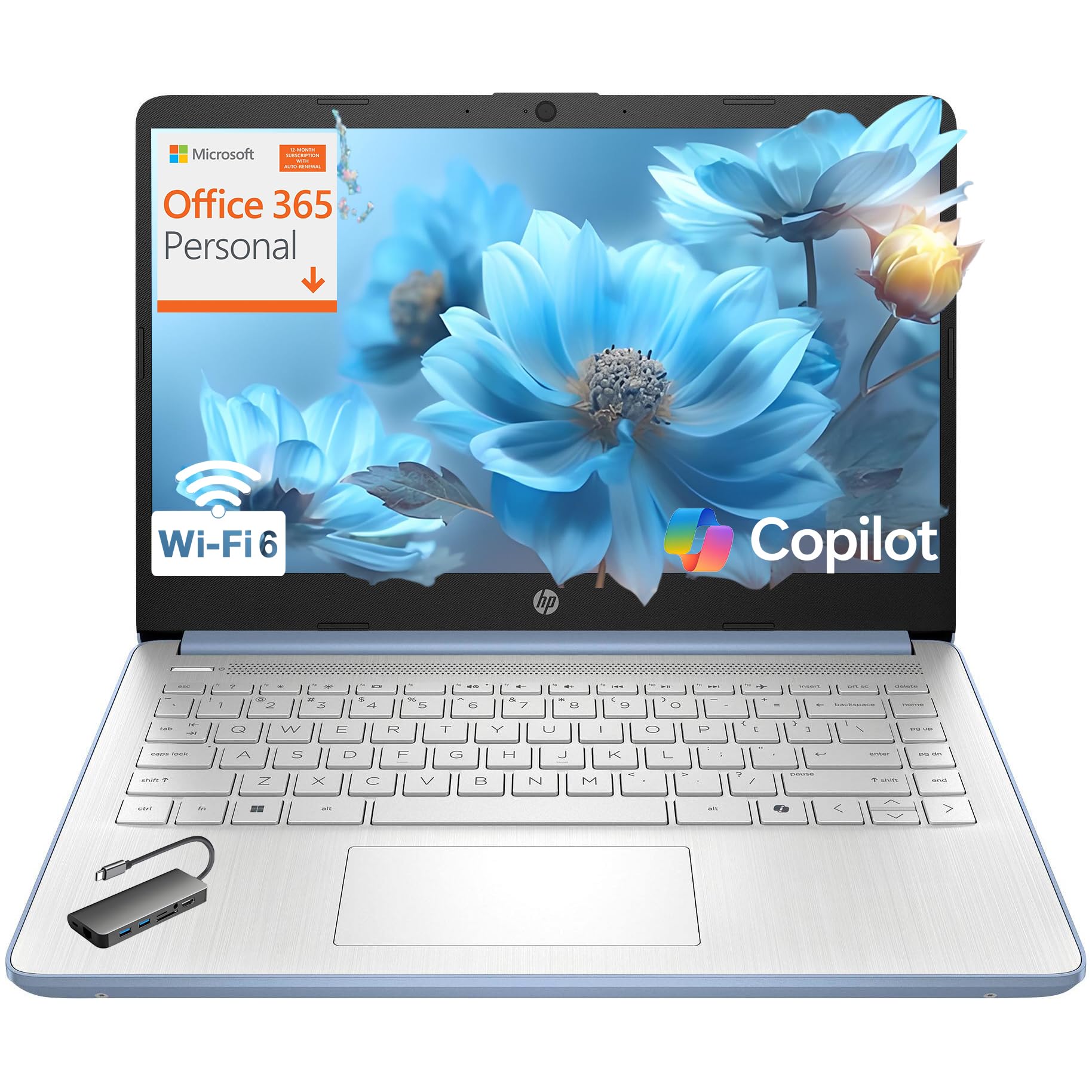 HP Laptop Computer for Students, 2026 Edition AI PC, 1 Year Office 365, Intel Processor, 16GB RAM, 128GB UFS, Long Battery Life, Webcam, WiFi 6, Type-c HUB Included, Windows 11 Home S, Sky Blue