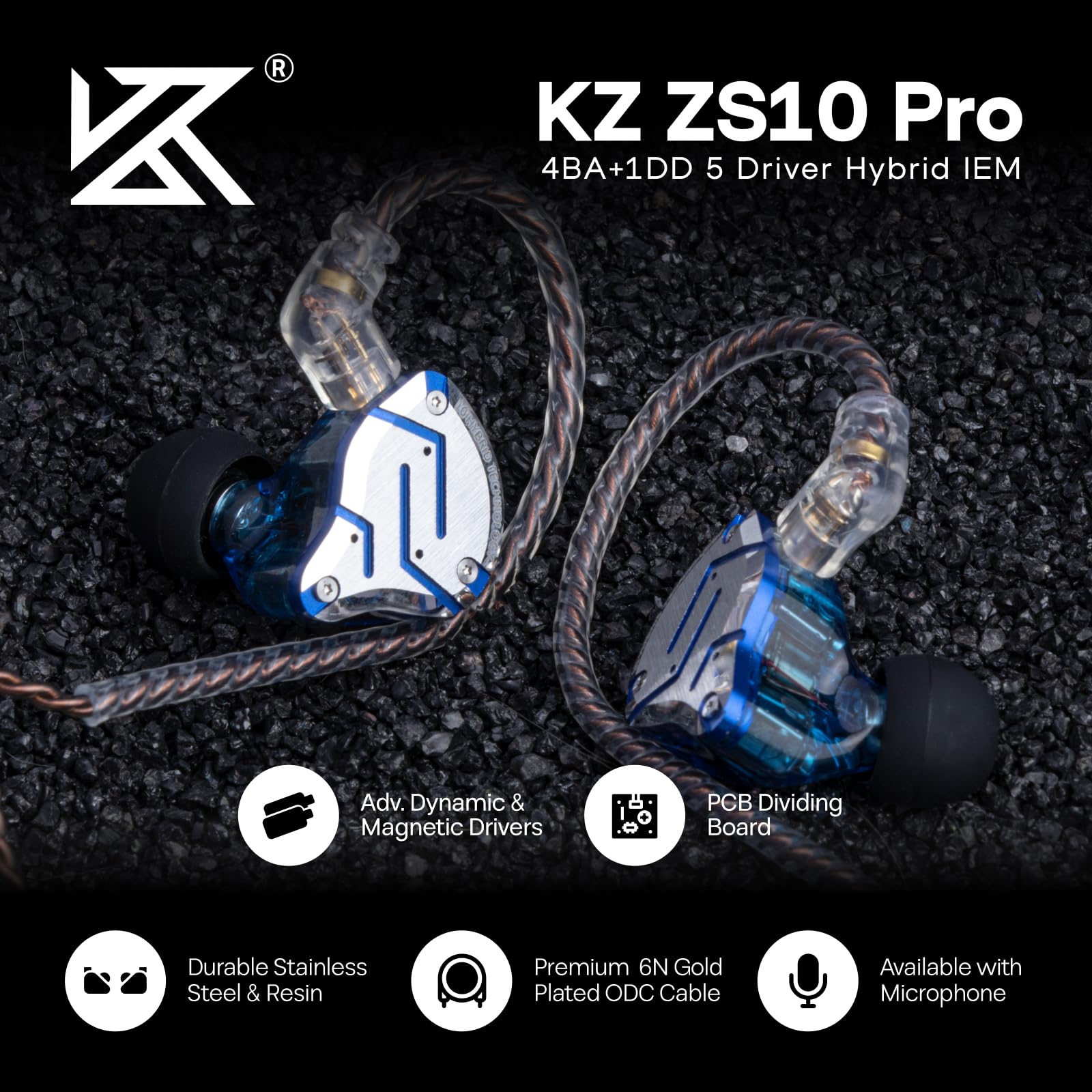 Linsoul KZ ZS10 Pro, 4BA+1DD 5 Driver in Ear Monitor, HiFi Wired Earbuds, Gaming Earbuds, Hybrid IEM Earphones with Stainless Steel Faceplate, Detachable Cable for Musician(Without Mic, Black)