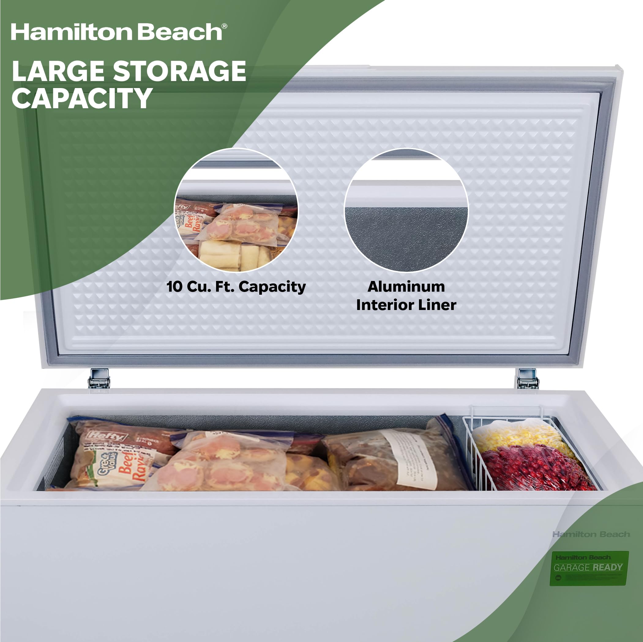 Hamilton Beach HBFRF2129 21 cu ft Double Door LID Garage-Ready Chest Freezer-White, Vinyl-Coated Baskets, Space-Saving Flat Back, Stay-Open, Front-Access Drain, for Storage, Hunting, Large Family