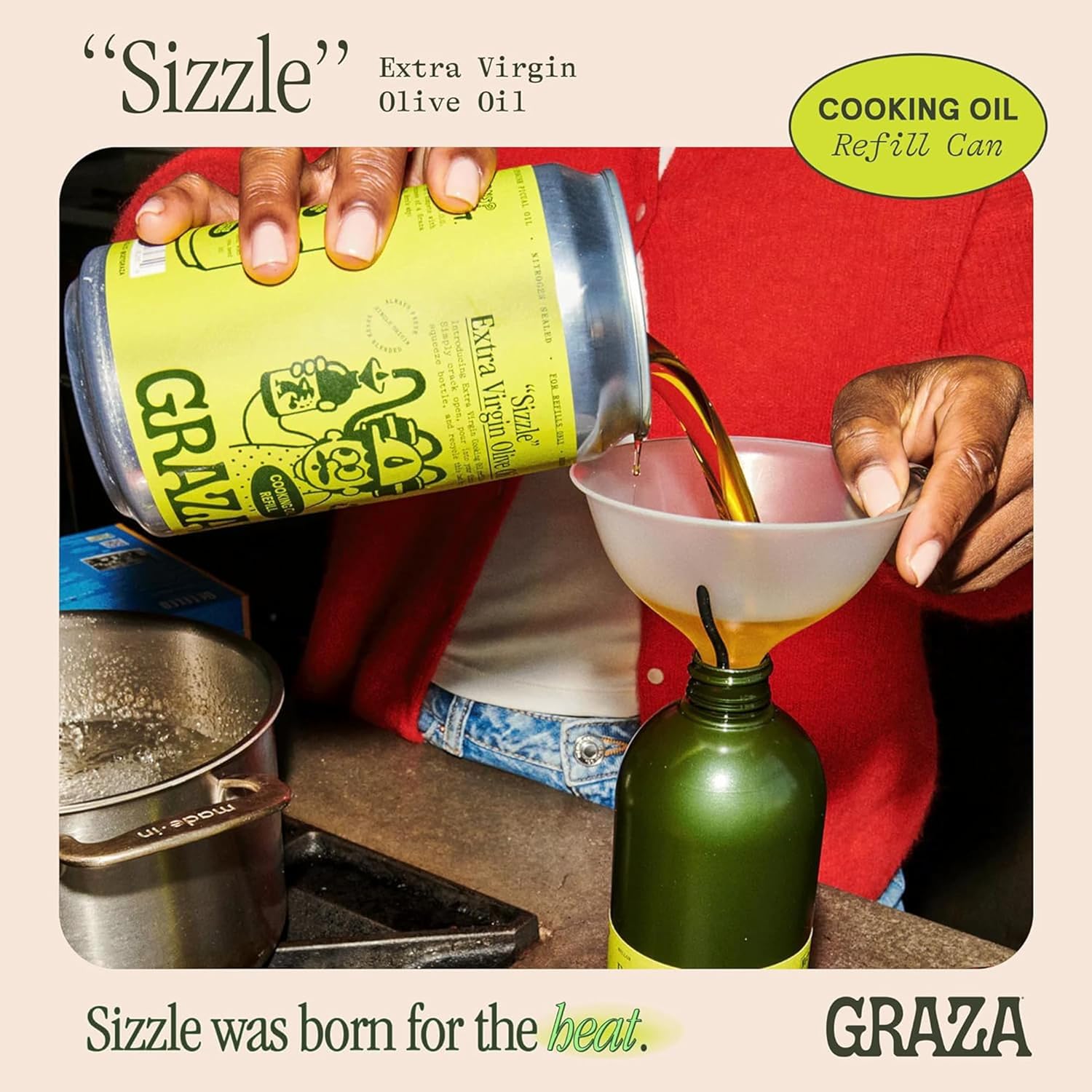 Graza Sizzle Extra Virgin Olive Oil, Cooking Oil - High Polyphenol Peak Harvest EVOO Cooking Oil in a Squeeze Bottle - Single Farm Olives from Spain - 25.3 Fl Oz (750ml) Refill Can
