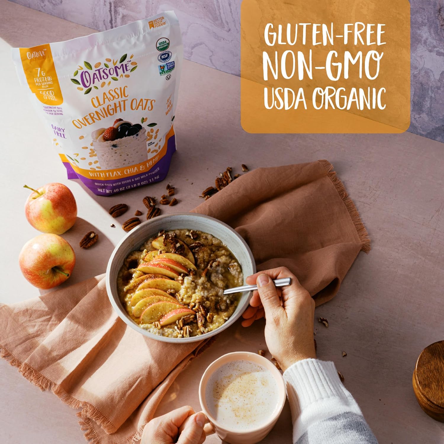 Oatsome Organic Overnight Oats with Chia, Flax, & Hemp, Gluten-Free Oatmeal with 7g of Protein, 2 lb 8 oz (40oz) Bag