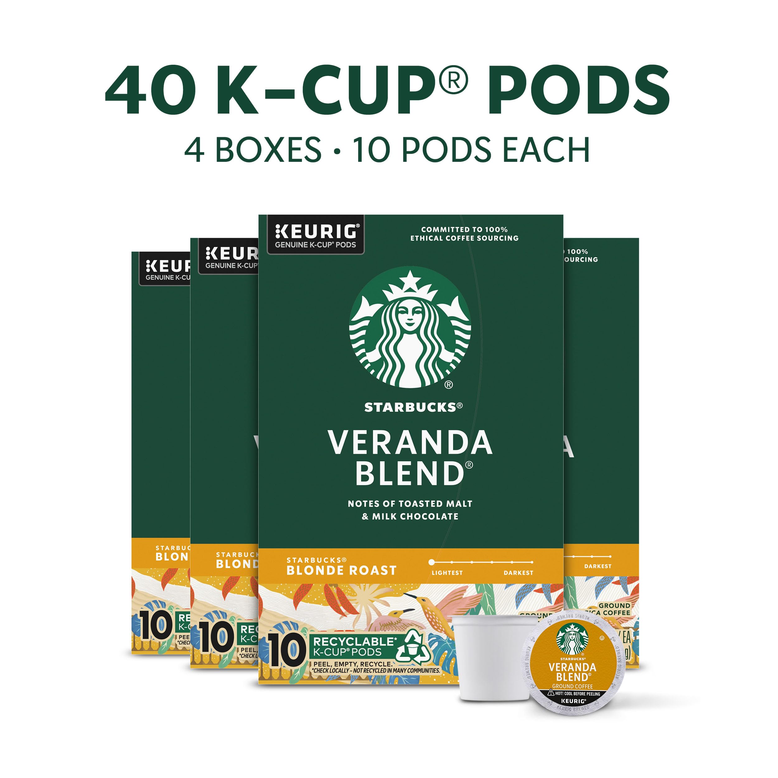 Starbucks K-Cup Coffee Pods, Starbucks Blonde Roast Hot or Iced Coffee, Veranda Blend, 96 Keurig Pods