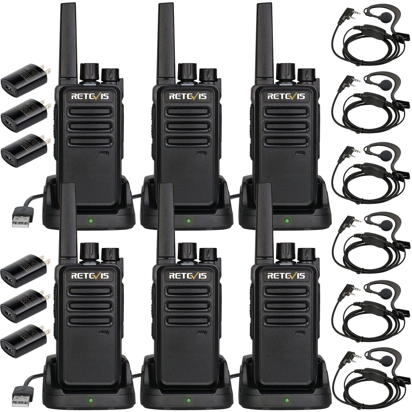 Retevis RT68 Walkie Talkies with Earpiece, Portable FRS Two-Way Radios Rechargeable, with 6 Way Multi Unit Charger, Hands Free, Long Range, Rugged 2 Way Radios 6 Pack for Adults School Church