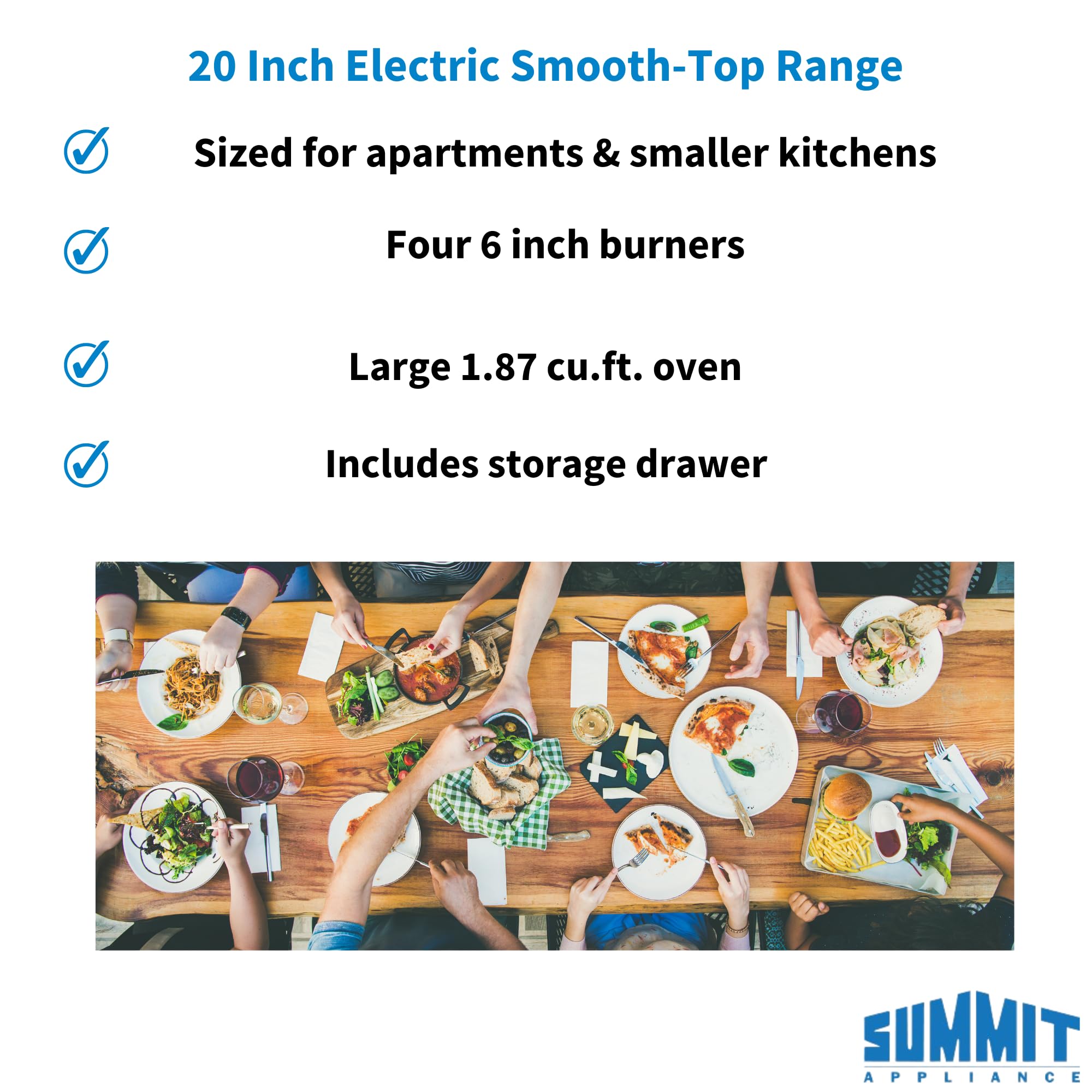 Summit 24” Electric Smooth Top Range, Large 2.44 cu.ft. oven. ADA Compliant, White- REXT24W