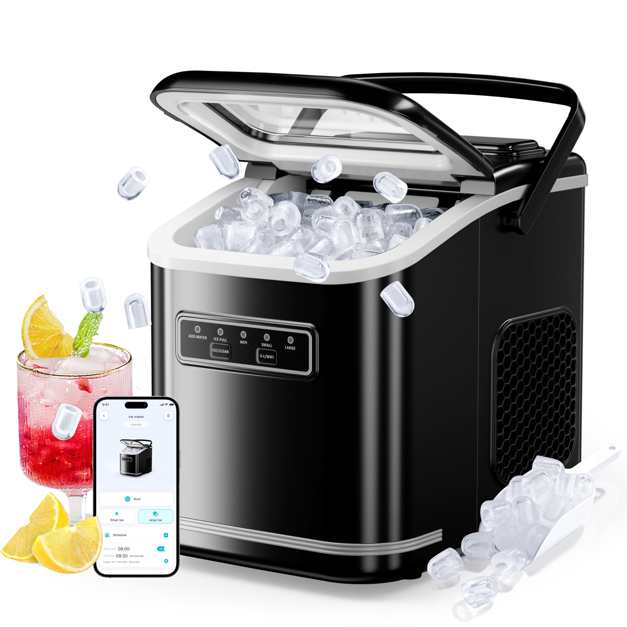ecozy 2.1" Clear Ice Ball Maker Countertop with CrystalFlux Technology, Minimal Footprint Sphere Ice Maker with 8H Timer, 1 pc in 30 Mins, 48 pcs/Day, Self-Cleaning for Home Bar Whiskey & Bourbon
