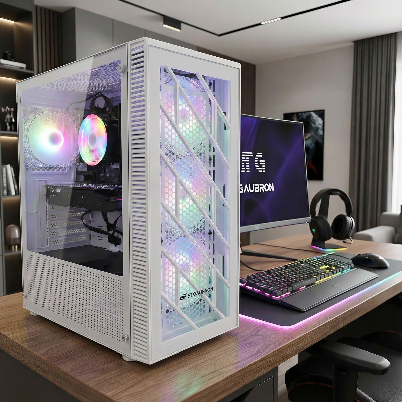 STGAubron Prebuilt Gaming PC Desktop, Radeon RX 550 4G, Intel Core i5 up to 3.6GHz, 16G RAM, 512G SSD, WiFi 6, BT 5.0, RGB Fan x2, Windows 11 Home