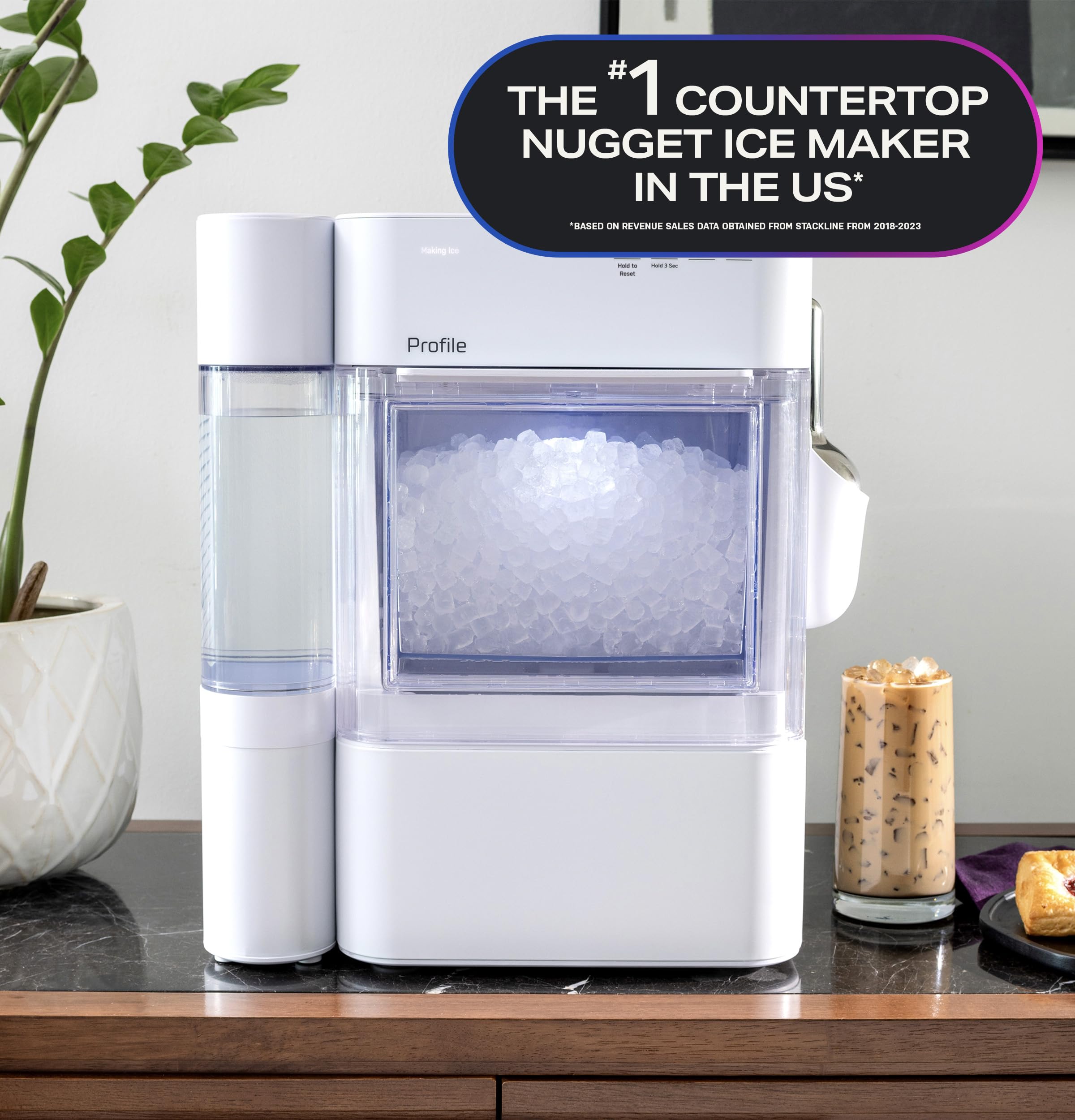 GE Profile Opal 2.0 Ultra Nugget Ice Maker with .75 Gallon Side Tank and Scale Inhibiting Filter, Scoop Included, 38 lbs in 24 Hours, Pellet Ice Machine with WiFi & Smart Connected, Stainless Steel