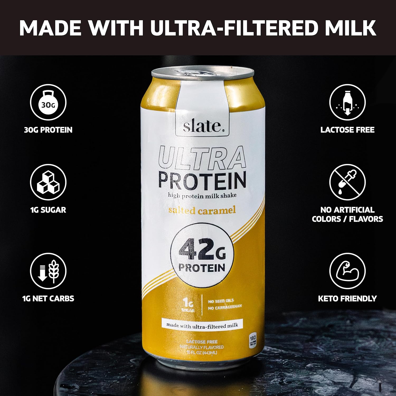 Slate Milk - Ultra Protein Shake - Vanilla - 42g Protein, 1g Sugar, 180 Calories, 1g Net Carbs - Lactose Free, No Added Sugar - Made with Ultra Filtered Milk - Breakfast Boost, Post Workout - 15 fl oz, 12 Cans
