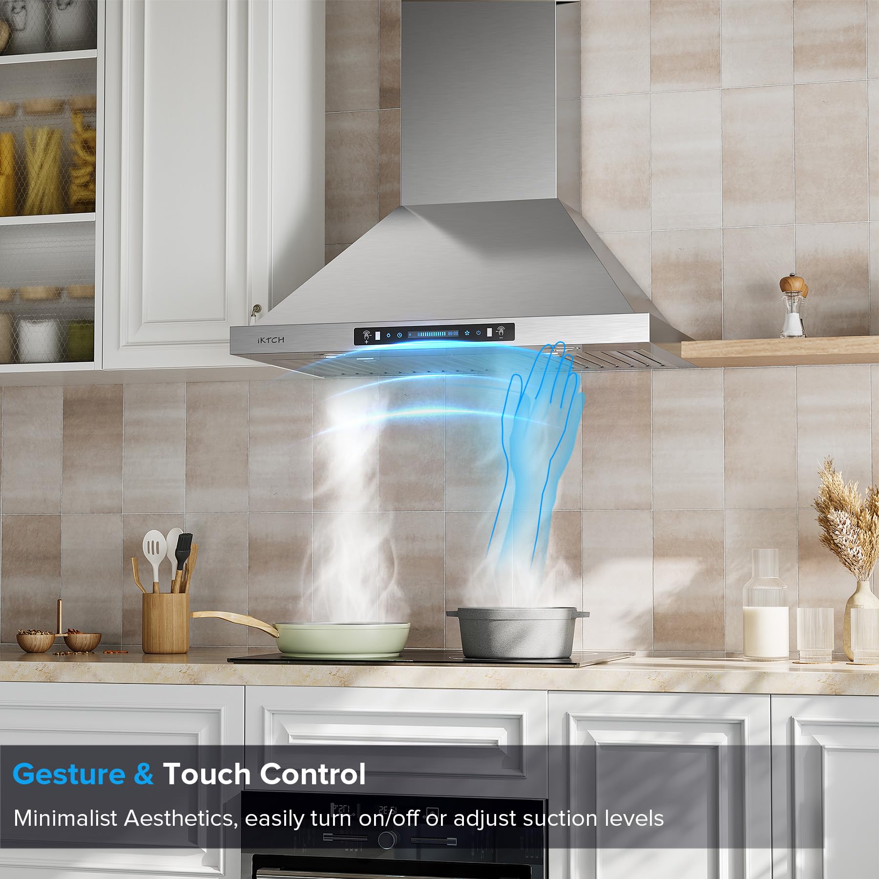 IKTCH 30-inch Wall Mount Range Hood 900 CFM Ducted/Ductless Convertible, Kitchen Chimney Vent Stainless Steel with Gesture Sensing & Touch Control Switch Panel, 2 Pcs Adjustable Lights(IKP02-30'')