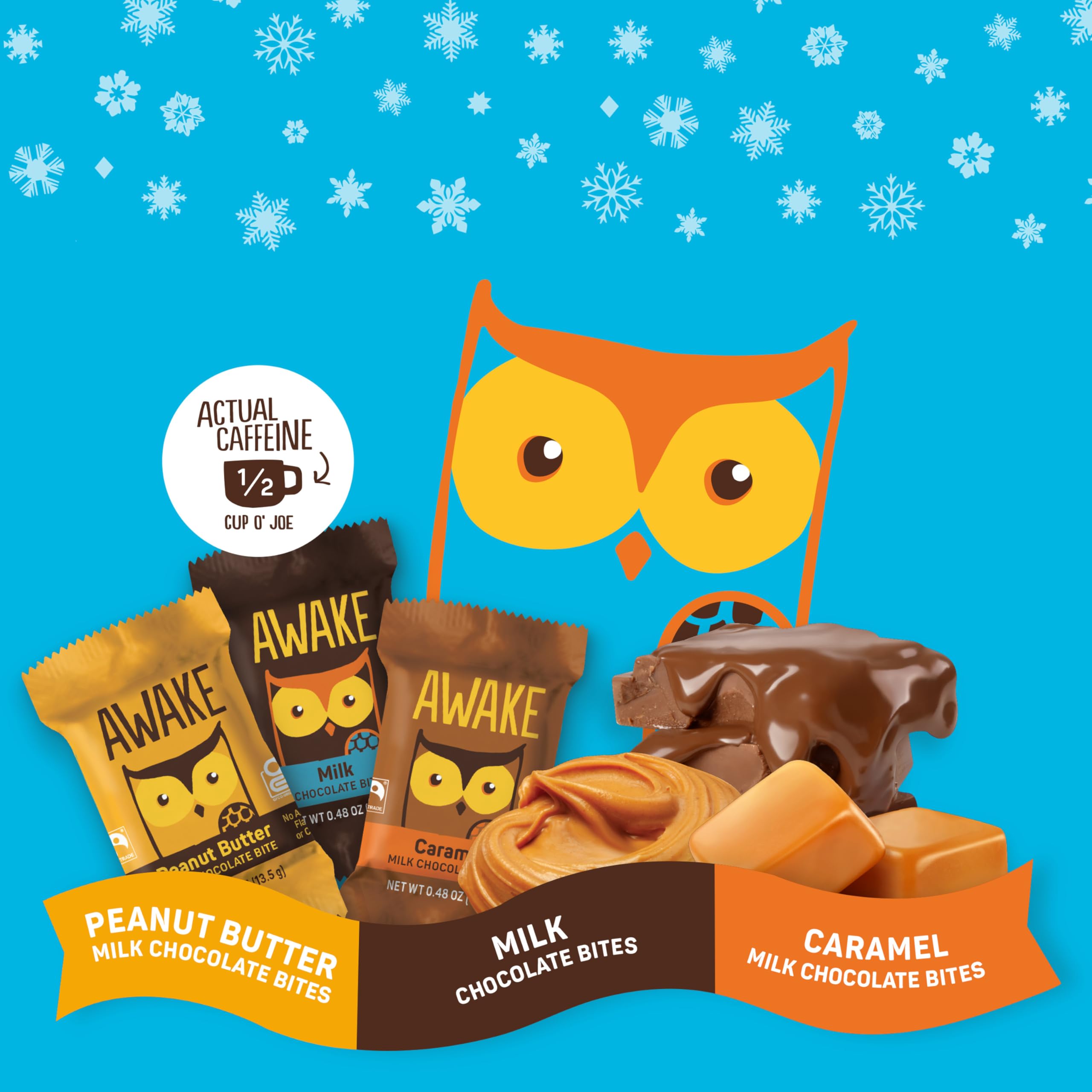 AWAKE - Caffeinated Chocolate Bites - Caramel Milk Chocolate, 50 Bites - 50mg Caffeine - Individually Wrapped Energy Bites - Coffee Alternative - Fairtrade, Gluten Free, Non GMO - 0.48oz