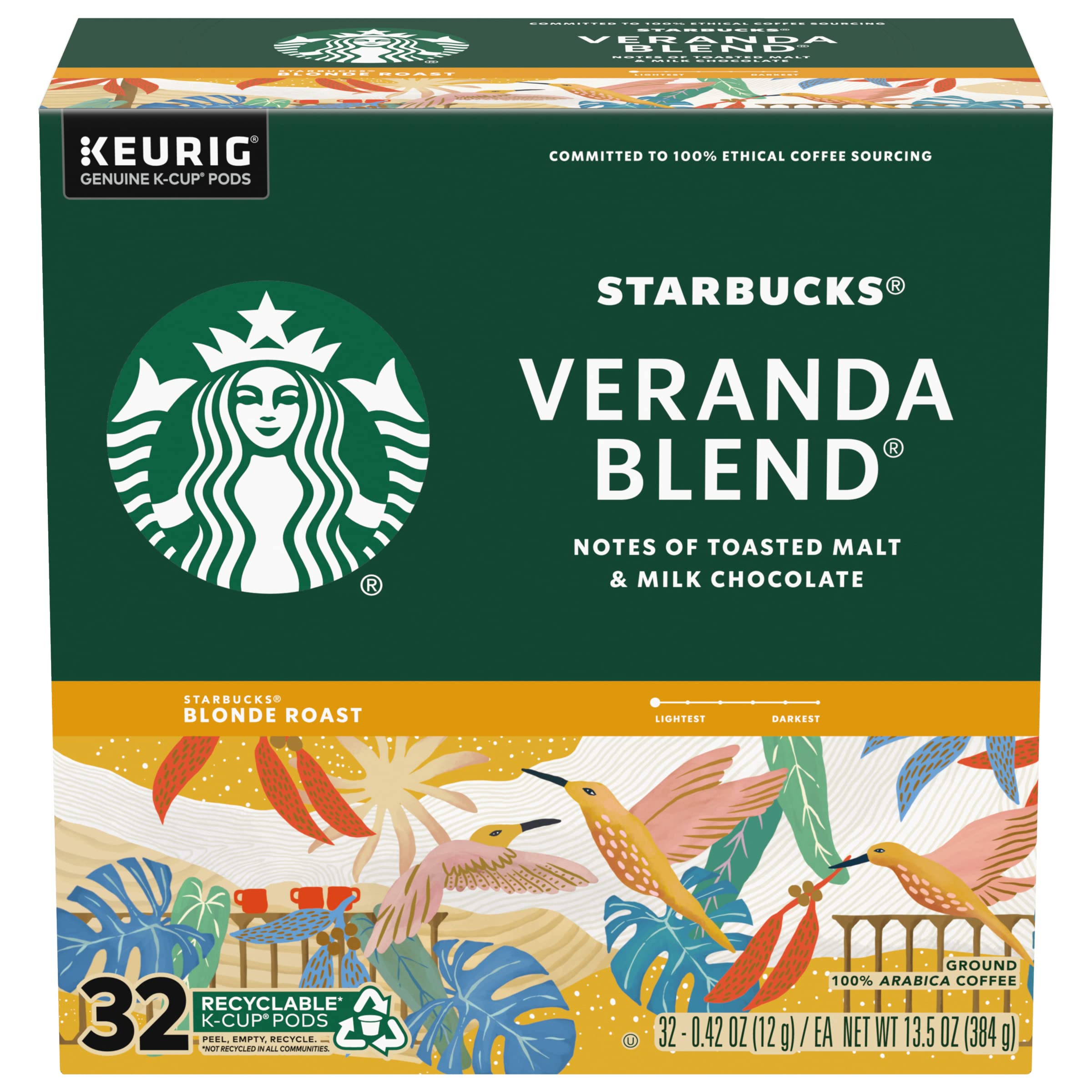 Starbucks K-Cup Coffee Pods, Starbucks Blonde Roast Hot or Iced Coffee, Veranda Blend, 96 Keurig Pods