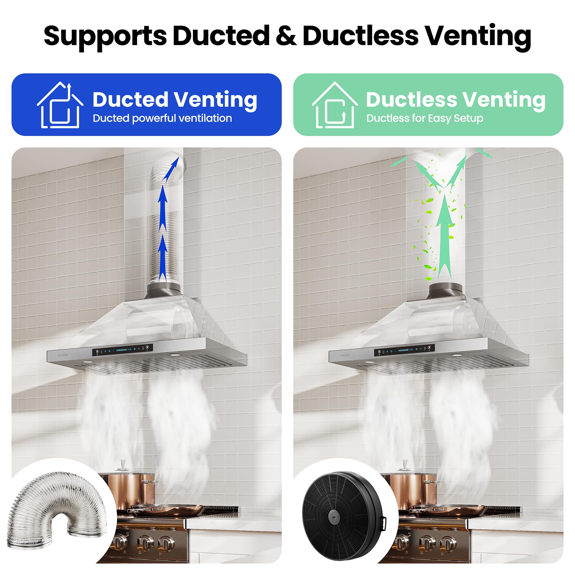 IKTCH 30-inch Wall Mount Range Hood 900 CFM Ducted/Ductless Convertible, Kitchen Chimney Vent Stainless Steel with Gesture Sensing & Touch Control Switch Panel, 2 Pcs Adjustable Lights(IKP02-30'')
