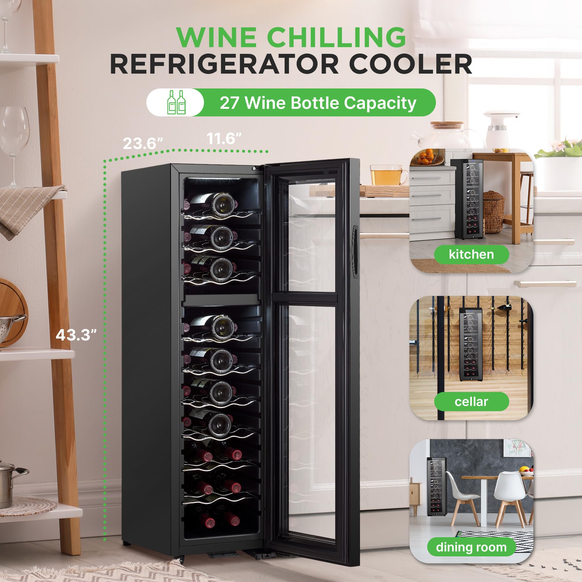 Nutrichef 12 Bottle Stainless Steel Slim Wine Fridge | Red & White Wine Chiller | Adjustable Temperature Control, Ultra Quiet Operation & Energy Efficient | Mini Wine Cooler Refrigerator | 31x10x17 IN