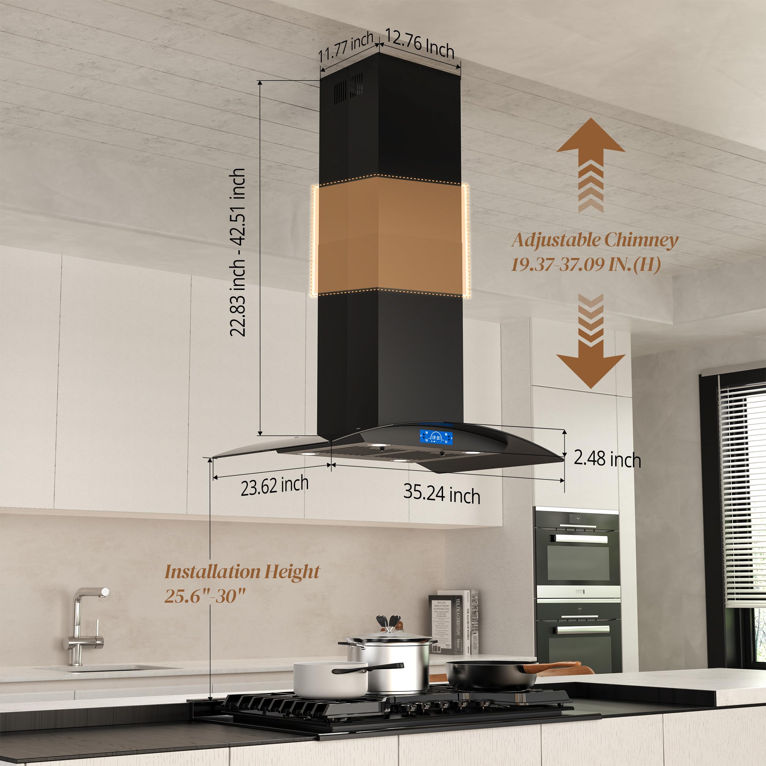 FIREGAS Island Range Hood 30 inch 700 CFM with Chimney, Ceiling Mount Kitchen Vent Hood with Tempered Glass, 4 LED Lights, Permanent Filters, Premium Touch Control Panel, Includes Charcoal Filter