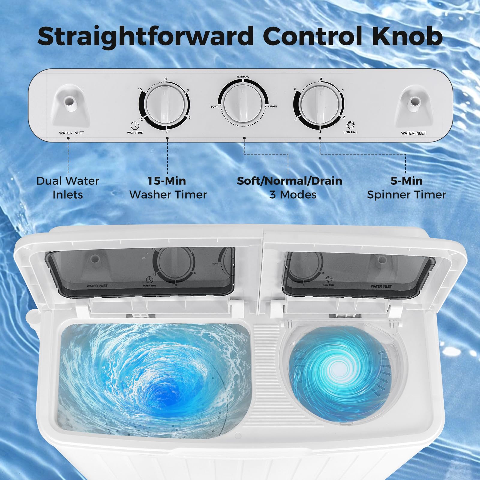 COSTWAY Portable Washing Machine, Twin Tub 20 Lbs Capacity, Compact Laundry Washer(12 Lbs) and Spinner(8 Lbs), Durable Design, Timer Control, Perfect for RV, Apartments and Dorms, Blue+White