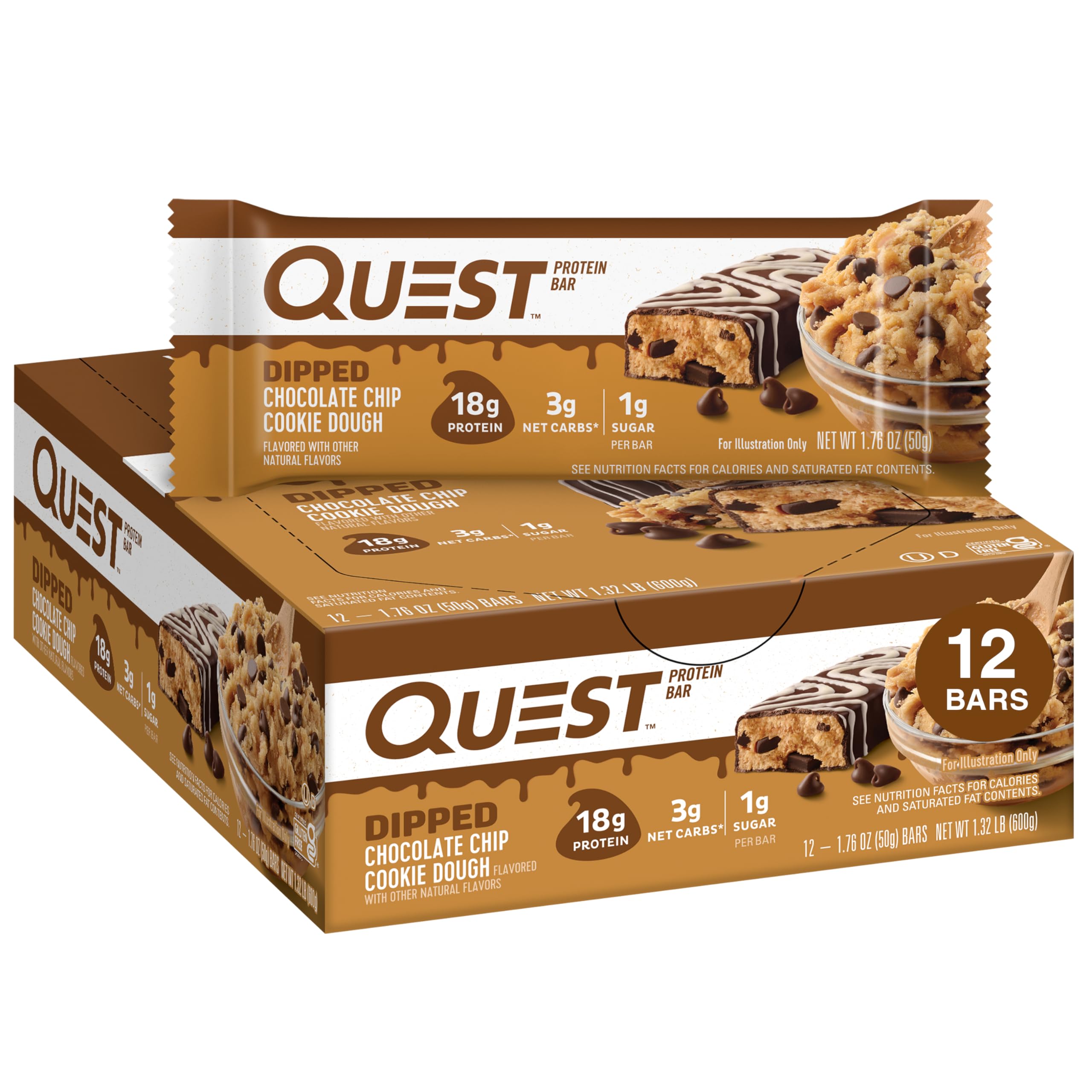 Quest Nutrition Chocolate Chip Dough Cookie Protein Bars, 21g Protein, 1g Sugar, 4g Net Carb, High Fiber, Gluten Free, Keto Friendy, 12 Count