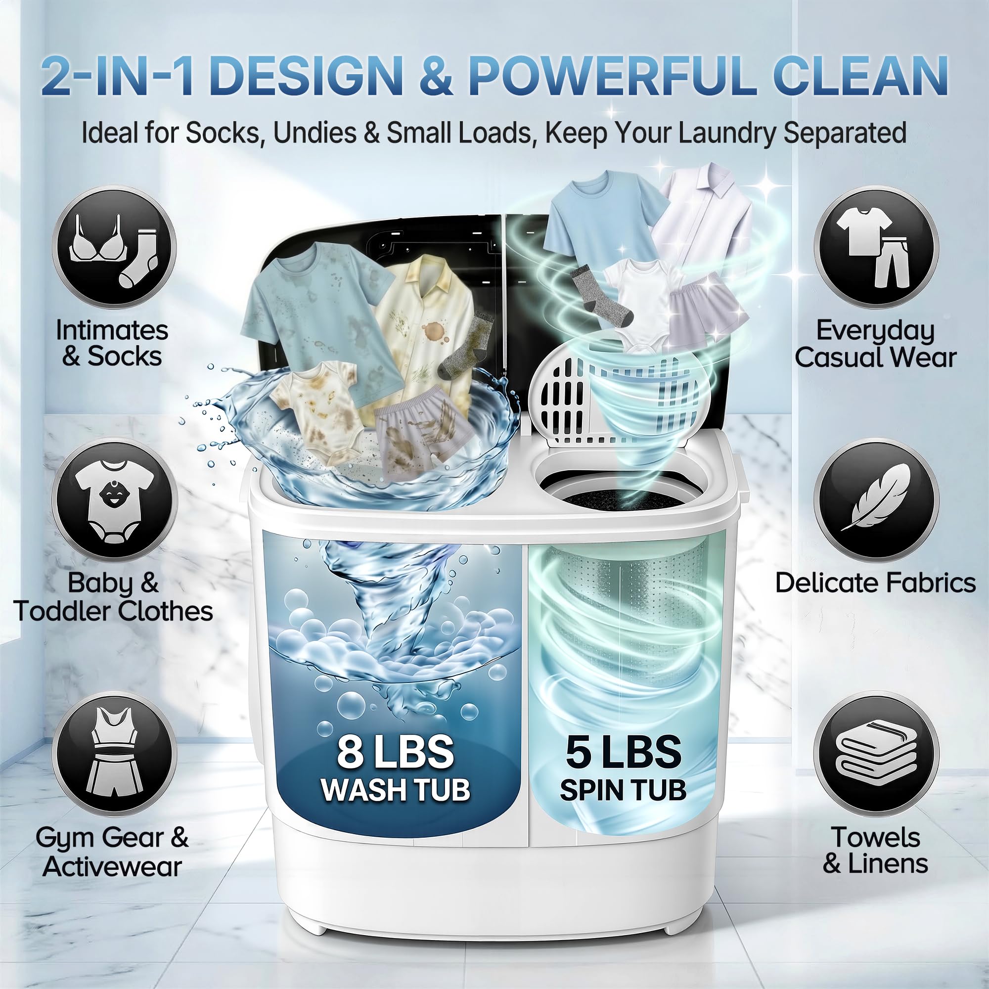 SUPER DEAL Compact Mini Twin Tub Washing Machine 13lbs Capacity Portable Washer Wash and Spin Cycle Combo, Built-in Gravity Drain for Camping, Apartments, Dorms, College, RV’s and Small Spaces