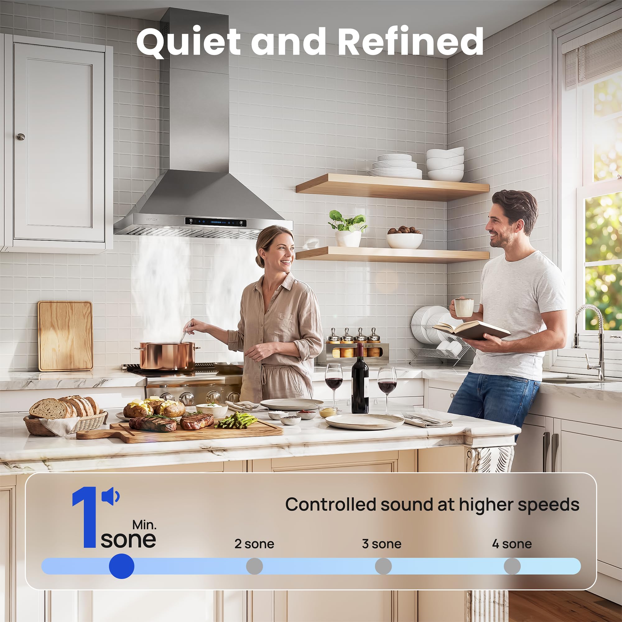 IKTCH 30-inch Wall Mount Range Hood 900 CFM Ducted/Ductless Convertible, Kitchen Chimney Vent Stainless Steel with Gesture Sensing & Touch Control Switch Panel, 2 Pcs Adjustable Lights(IKP02-30'')