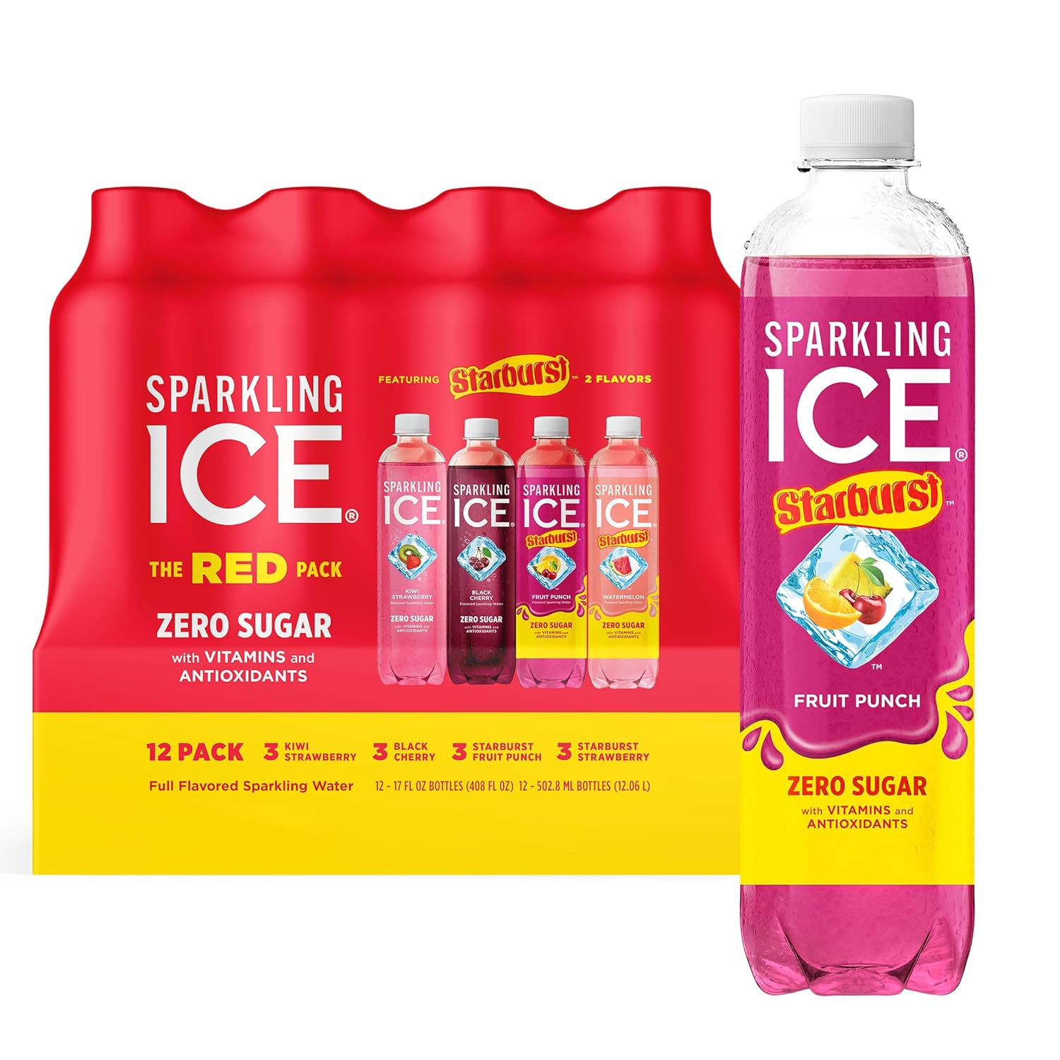 Sparkling Ice® STARBURST™ Variety Pack, Zero Sugar Flavored Sparkling Water, with Vitamins and Antioxidants, Low Calorie Beverage, 17 fl oz, 12 count (Strawberry, Cherry, Fruit Punch, Watermelon)