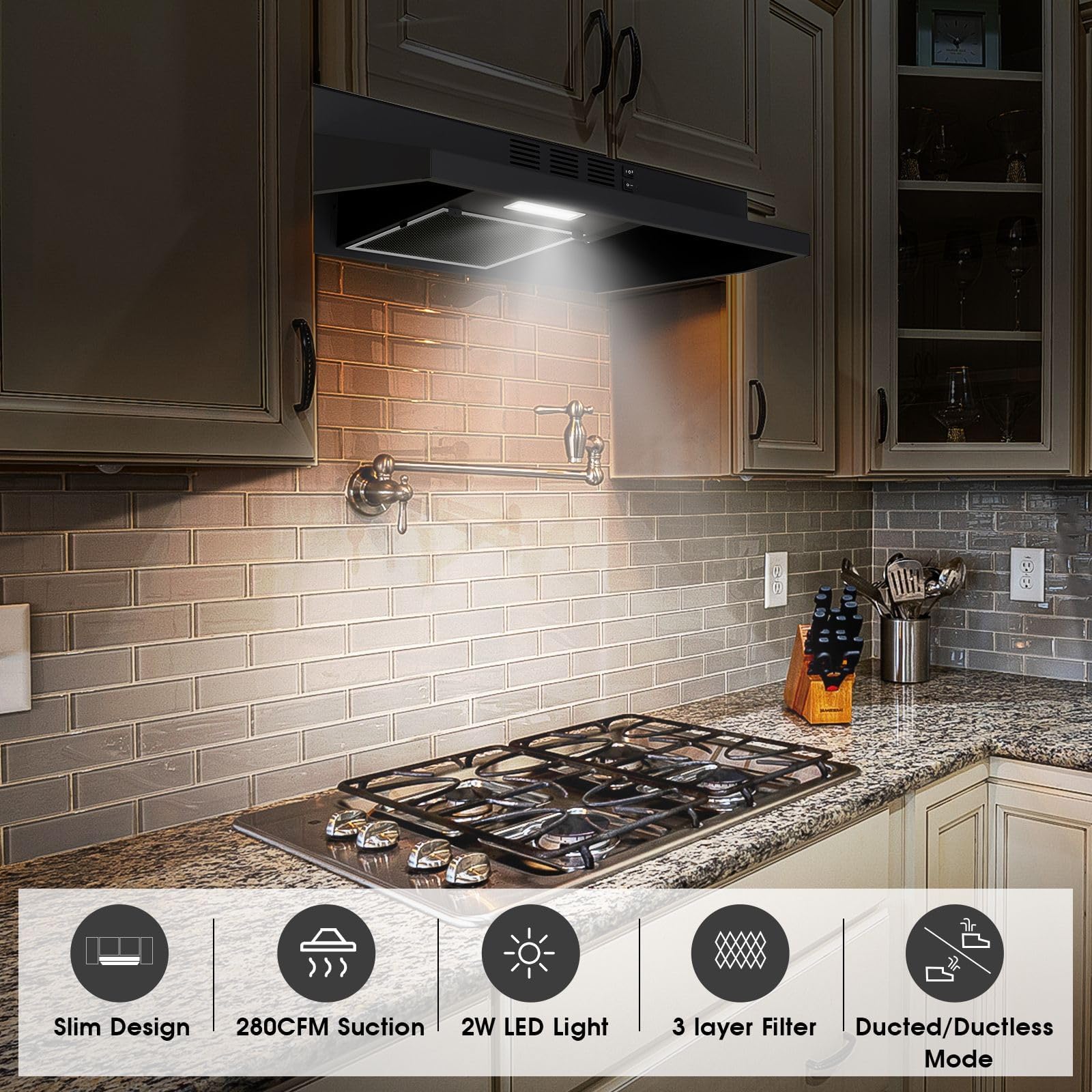 Range Hood 30 inch Under Cabinet, Stainless Steel Kitchen Vent Hood 280CFM, Built-in Kitchen Stove Hood w/Rocker Button Control, Ducted/Ductless Convertible Duct, 2 Speeds Fan, Bright LED Light