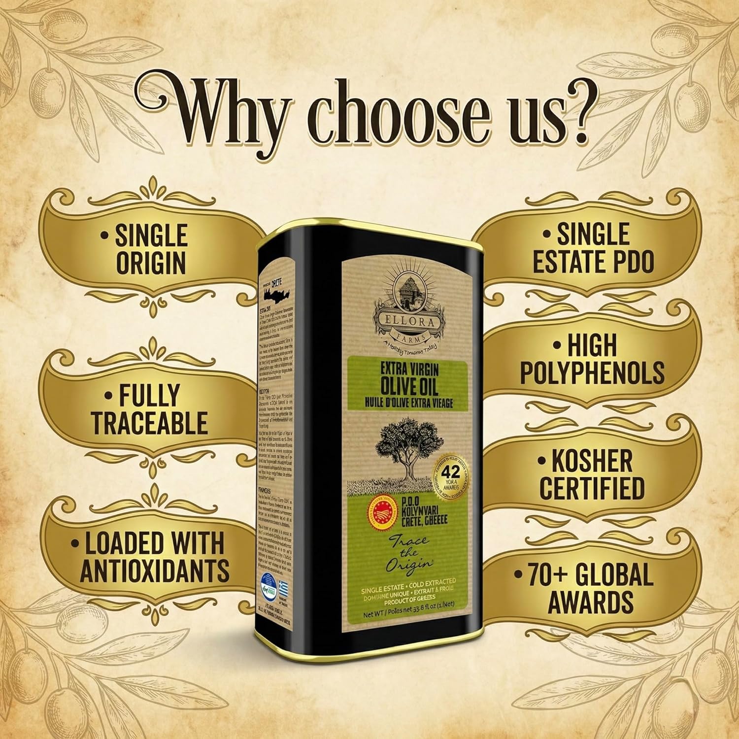 Ellora Farms Olive Oil Extra Virgin, Certified Single Estate PDO, Polyphenol Rich Extra Virgin Olive Oil Cold Pressed & Traceable, Global Gold Awards EVOO, Kosher, Crete, Greece 33.8 Fl oz (1 Ltr)