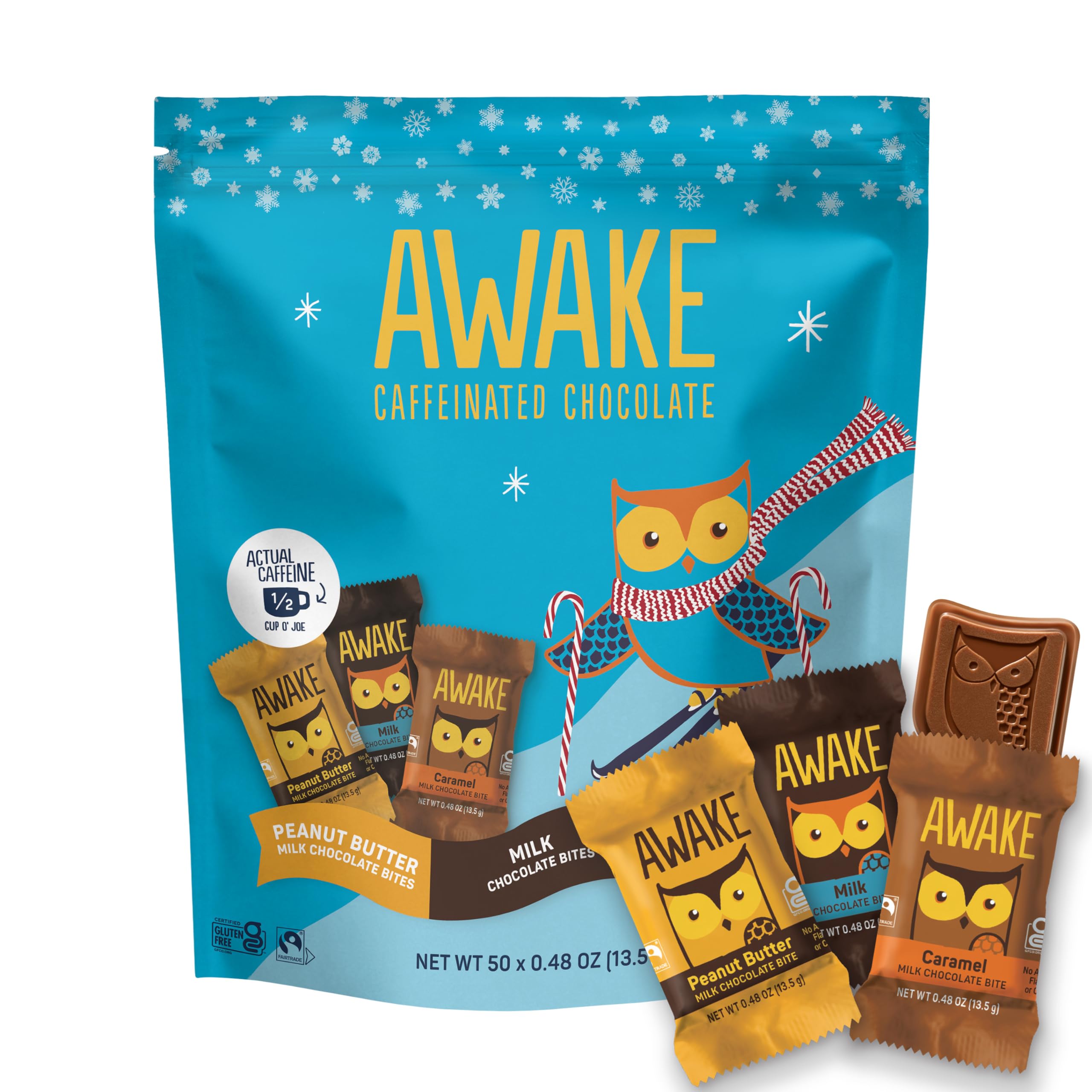 AWAKE - Caffeinated Chocolate Bites - Caramel Milk Chocolate, 50 Bites - 50mg Caffeine - Individually Wrapped Energy Bites - Coffee Alternative - Fairtrade, Gluten Free, Non GMO - 0.48oz