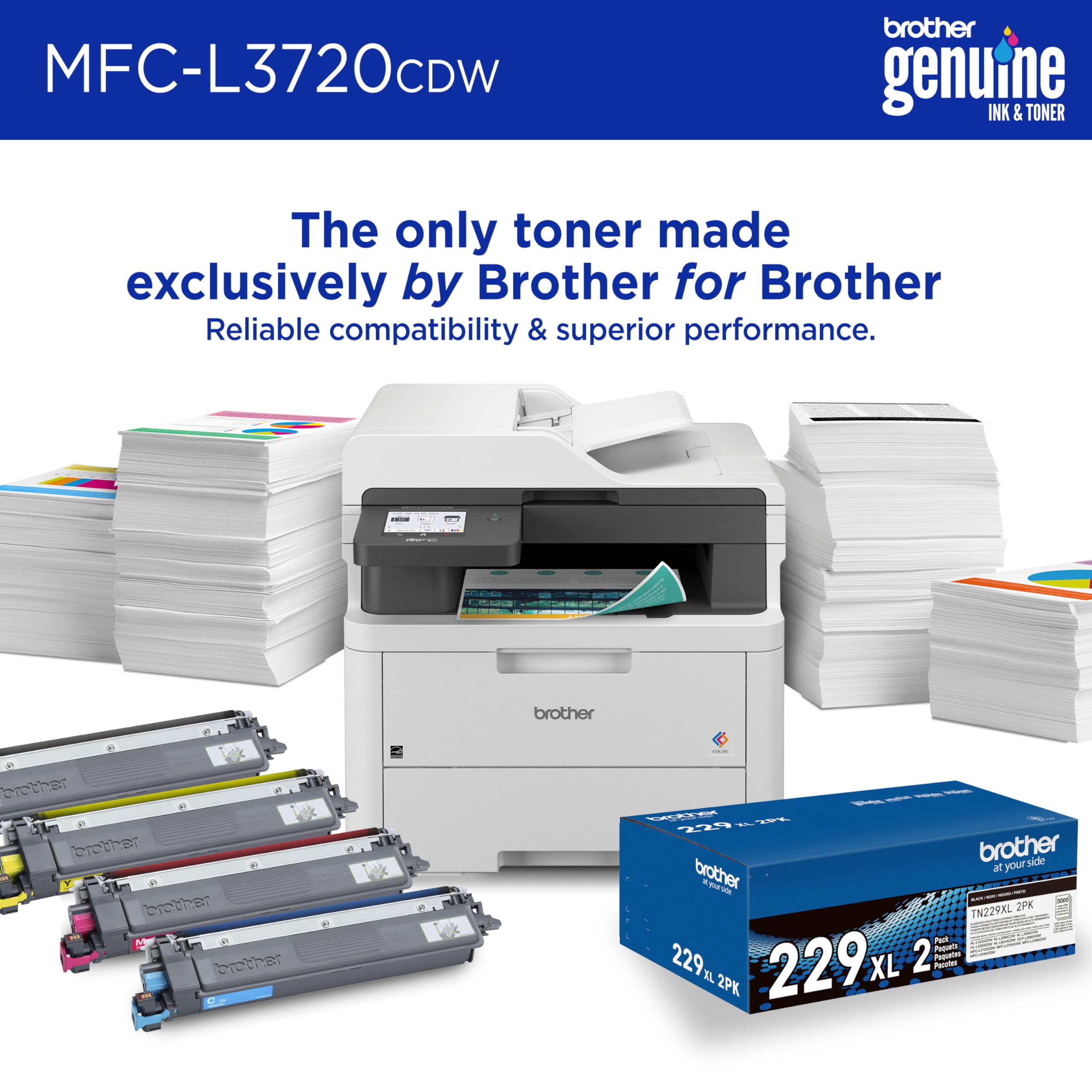 Brother MFC-L3720CDW Wireless Color Laser Printer with Scanner, Copier and Fax | Auto Duplex and 250-Sheet Capacity | Includes Refresh Subscription Trial(1). Amazon Dash Replenishment Ready