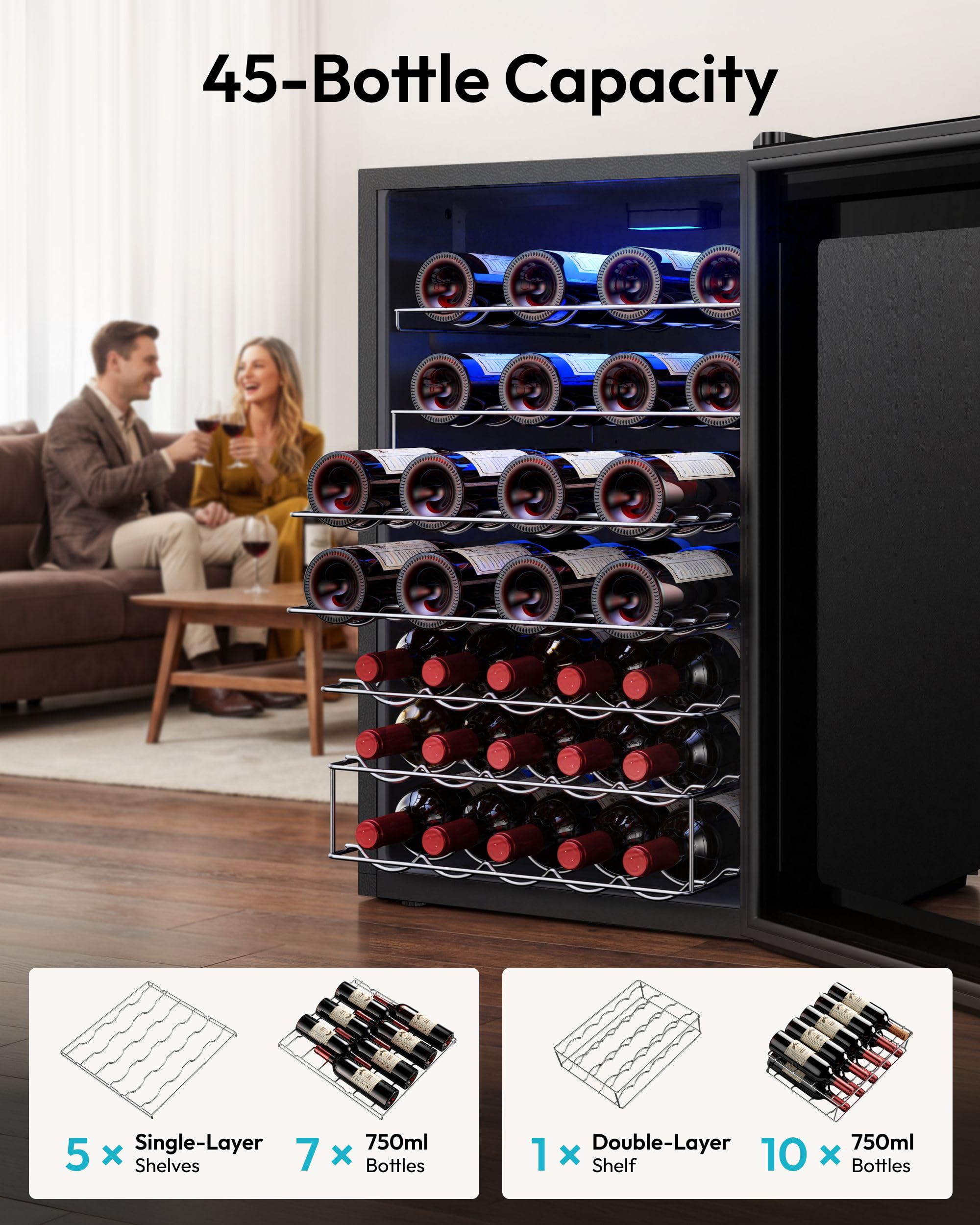 EUHOMY 25 bottle Wine Cooler Refrigerator, Freestanding Compressor Wine Fridge with Adjustable Temperature and Digital Control, Mini Fridge with Glass Door for Red White Wine, Beer, Black