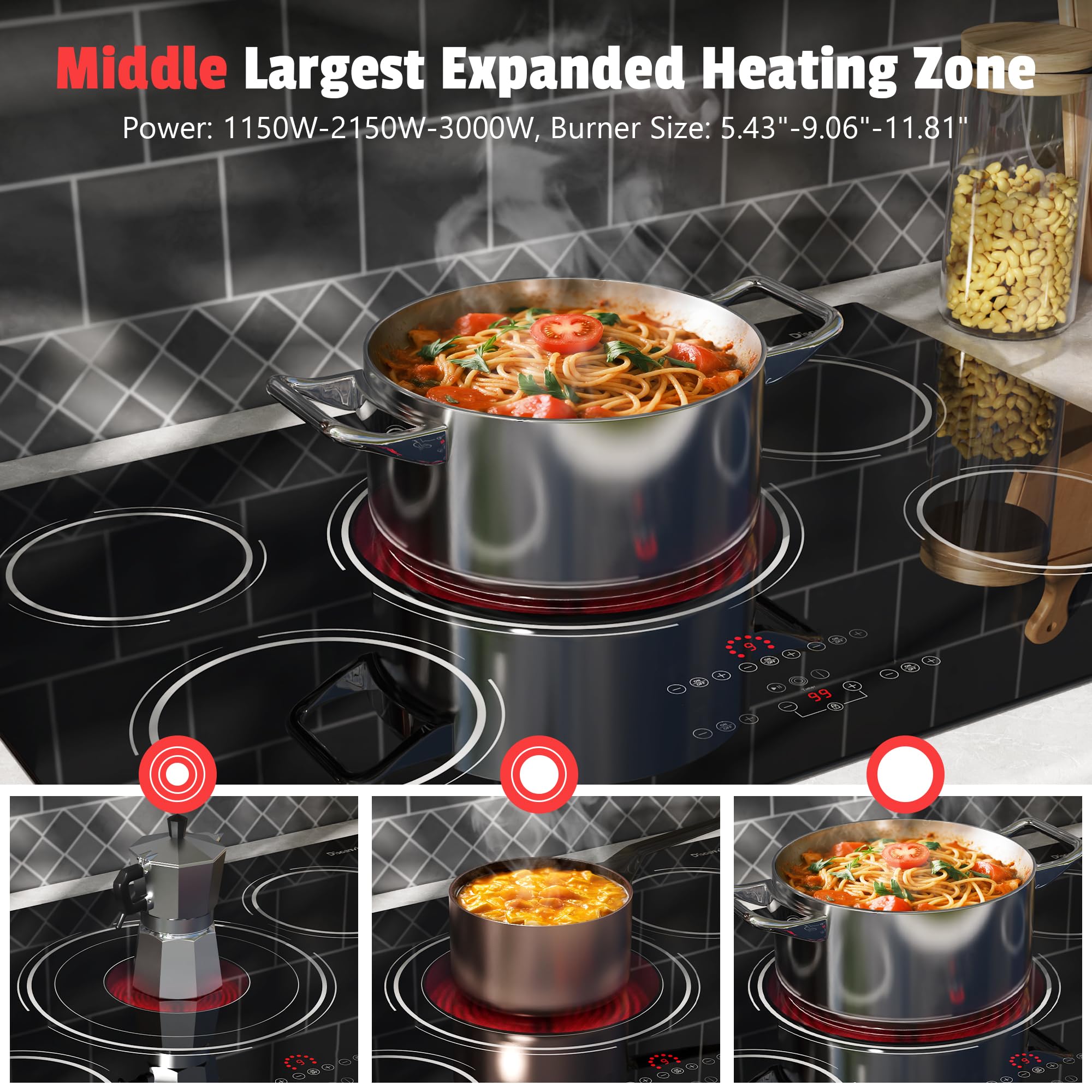 Disaenvir 29.13 Inch (Cut-out Size: 29.13"x19.3") Electric Cooktop - 30 Inch 9000W Powerful 5 Burner Electric Stovetop, Built-in Ceramic Stove 30“, Timer, Safety Lock, Pause, 240V Hard Wired (No Plug)