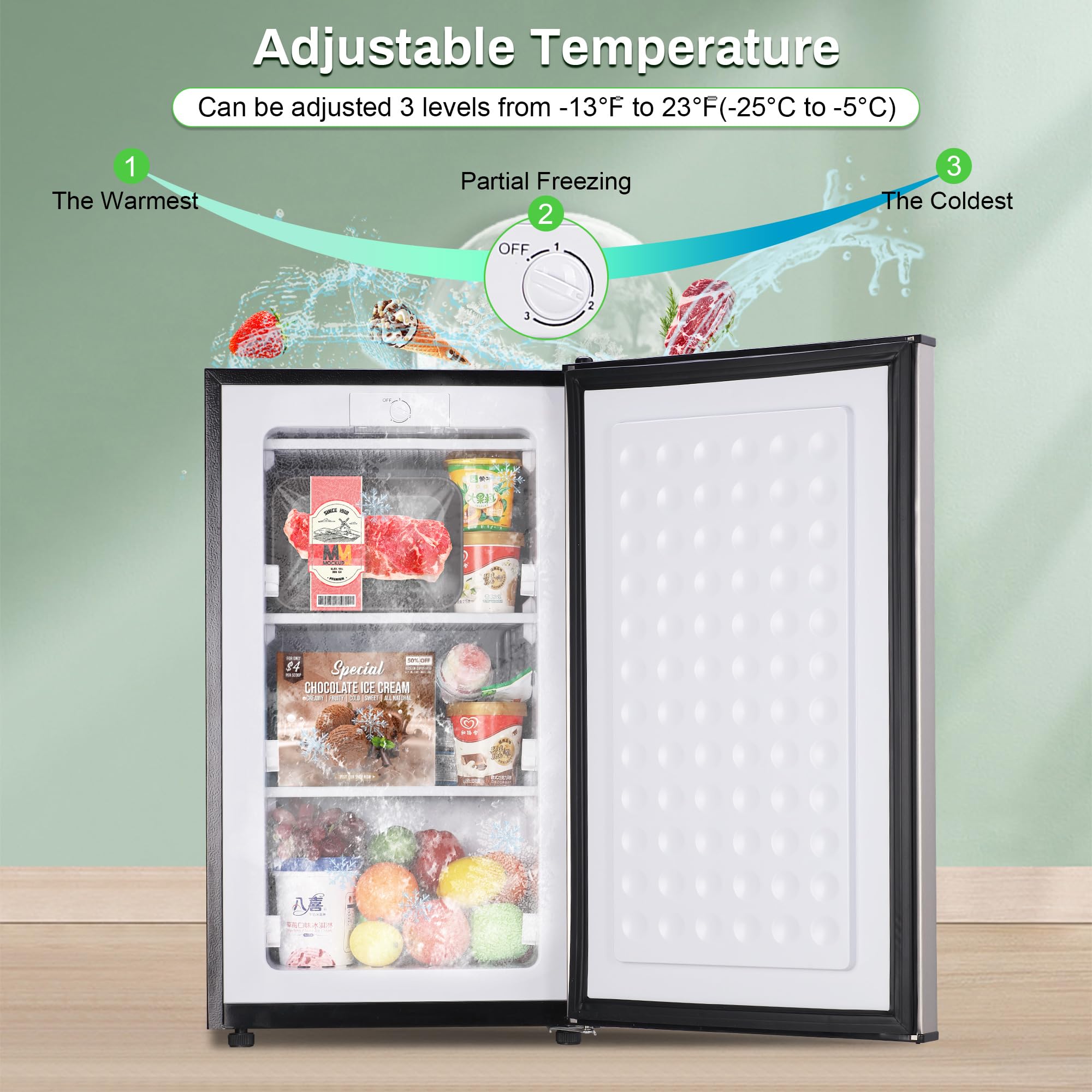 Mini Upright freezer 3.6 Cubic Feet Mini Freezer, Single Door Compact Freezer with Reversible Stainless Steel Door, 3-Speed Temperature Adjustment Small freezer for Home, Glossy Silver