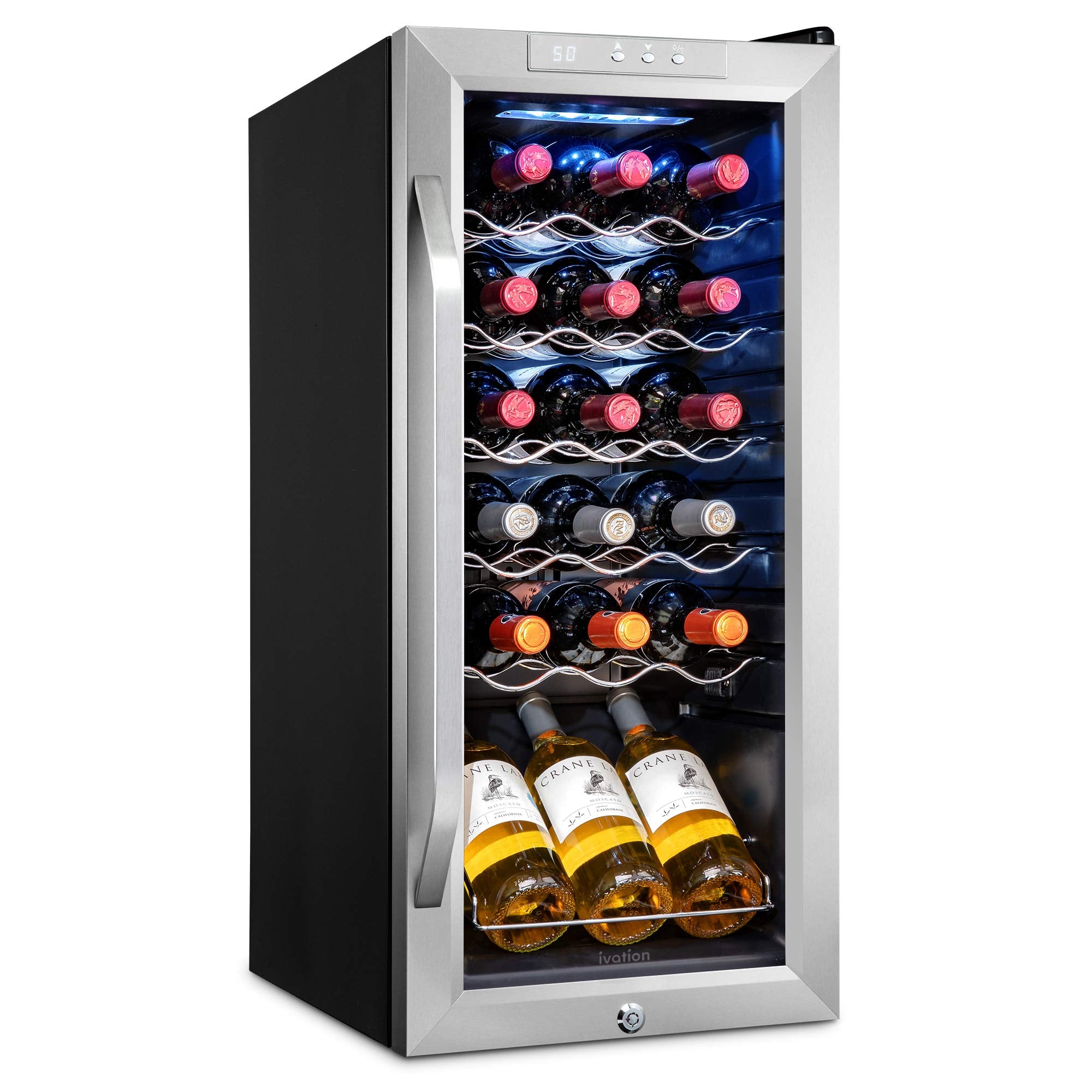 Ivation 18 Bottle Compressor Wine Cooler Refrigerator w/Lock, Large Freestanding Wine Cellar For Red, White, Champagne or Sparkling Wine, 41f-64f Digital Temperature Control Fridge Glass Door Black