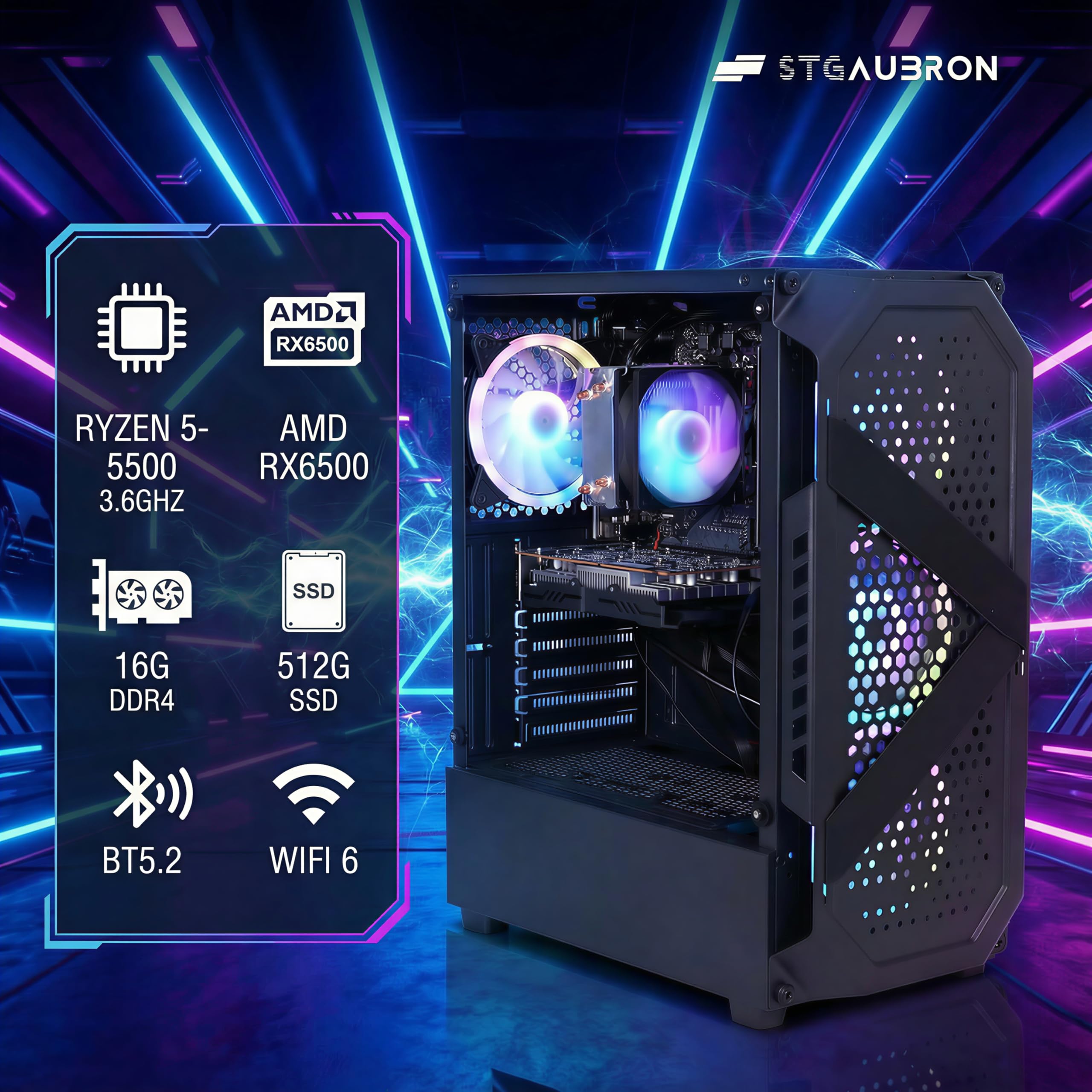 STGAubron Prebuilt Gaming PC Desktop, Radeon RX 550 4G, Intel Core i5 up to 3.6GHz, 16G RAM, 512G SSD, WiFi 6, BT 5.0, RGB Fan x2, Windows 11 Home