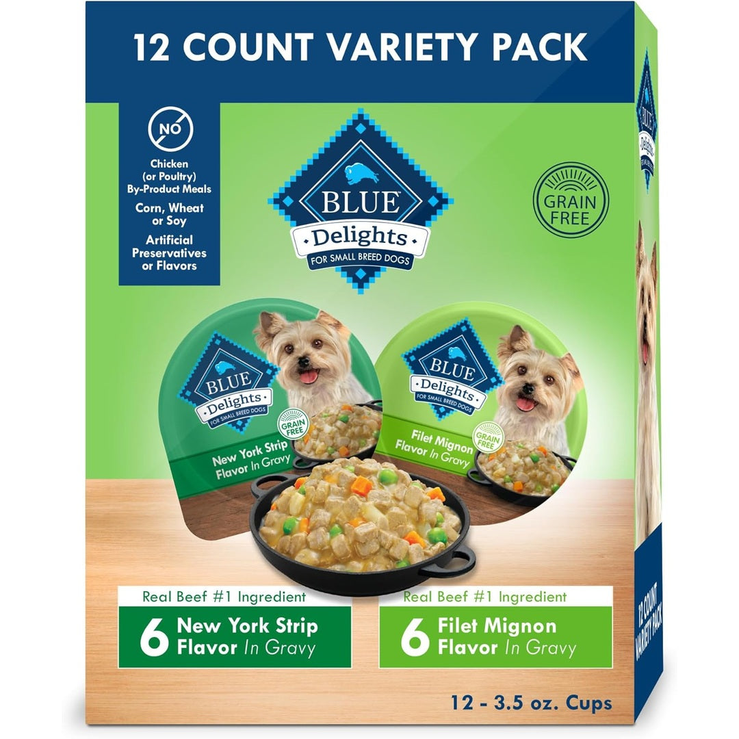 Blue Buffalo Delights Natural Adult Small Breed Wet Dog Food, Variety Pack, Made with Natural Ingredients, Filet Mignon & New York Strip Recipe in Hearty Gravy, 3.5-oz. Cups (12 Count, 6 of Each)