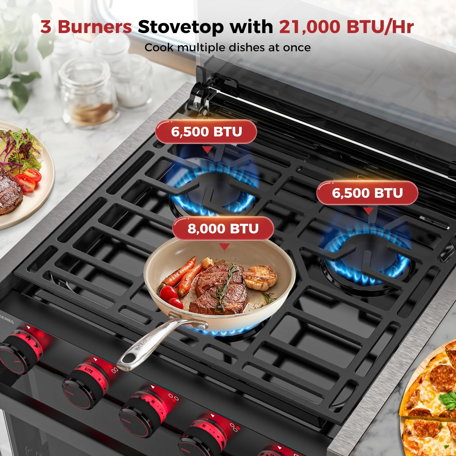CAMPLUX Classic RV Stove Propane Range 21 Inches, Propane Oven with 3 Burners Cooktop for RV, RV Oven Stove Combo 28,100 BTU/Hr, Stainless Steel RGS21MSF