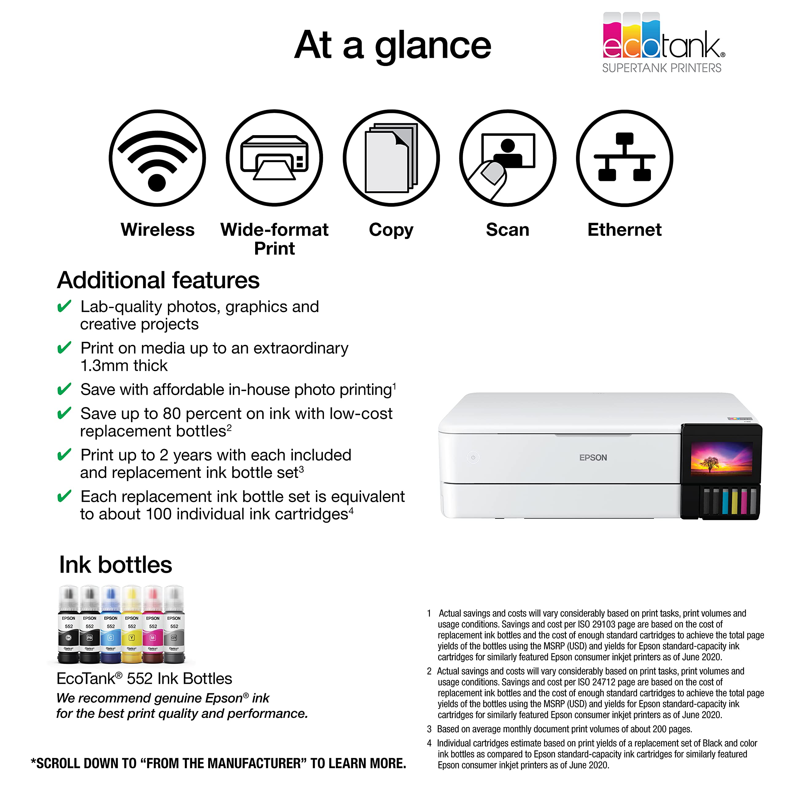 Epson EcoTank Photo ET-8550 Wireless Wide-Format Color All-in-One Supertank Printer with High Resolution Scanner, Ethernet, USB, and Color Touchscreen