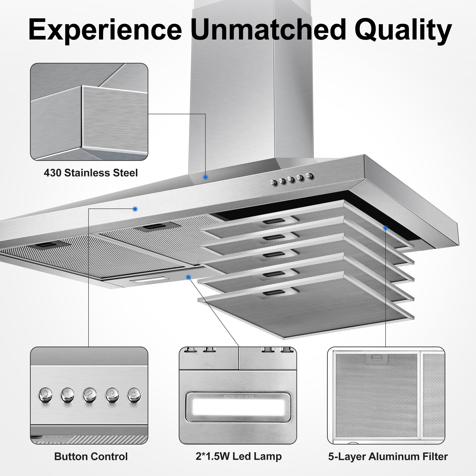 Tieasy Wall Mount Range Hood 30 inch with Ducted/Ductless Convertible Duct, Stainless Steel Chimney-Style Over Stove Vent Hood with LED Light, 3 Speed Exhaust Fan, 450 CFM