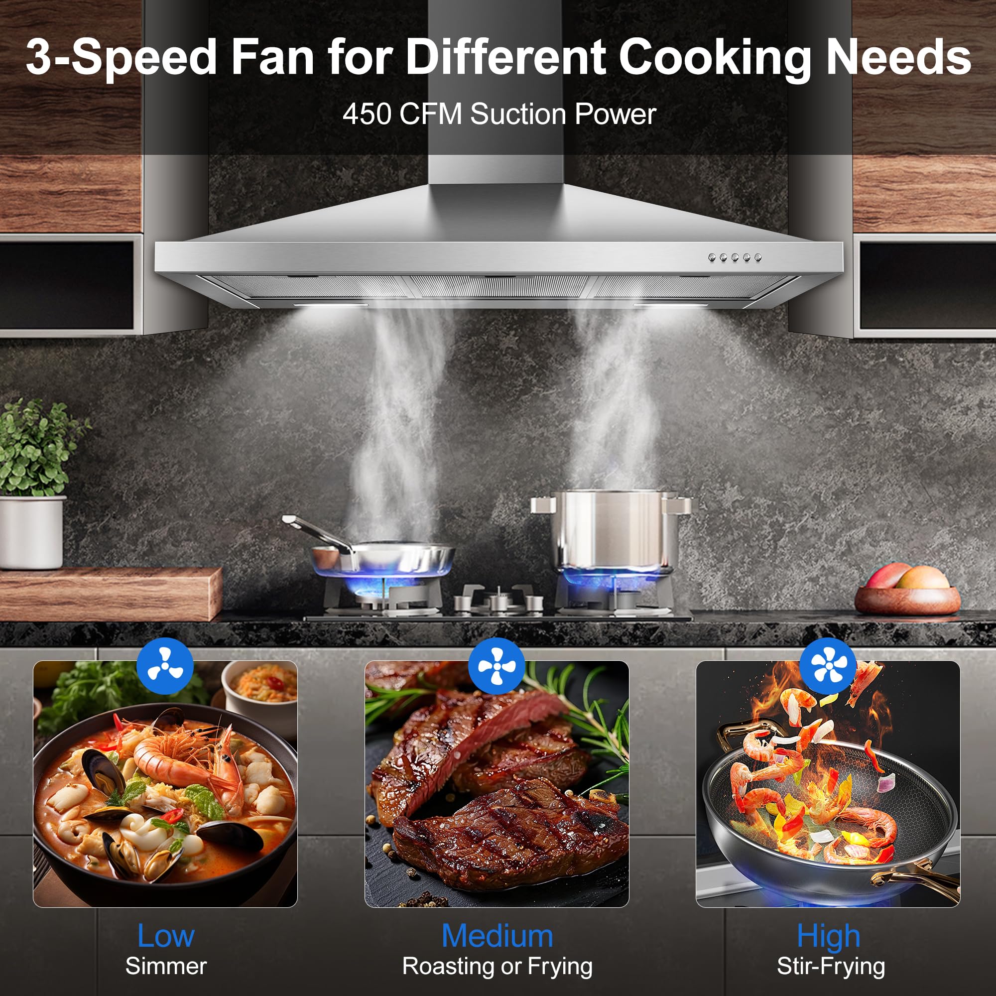 Tieasy Wall Mount Range Hood 30 inch with Ducted/Ductless Convertible Duct, Stainless Steel Chimney-Style Over Stove Vent Hood with LED Light, 3 Speed Exhaust Fan, 450 CFM