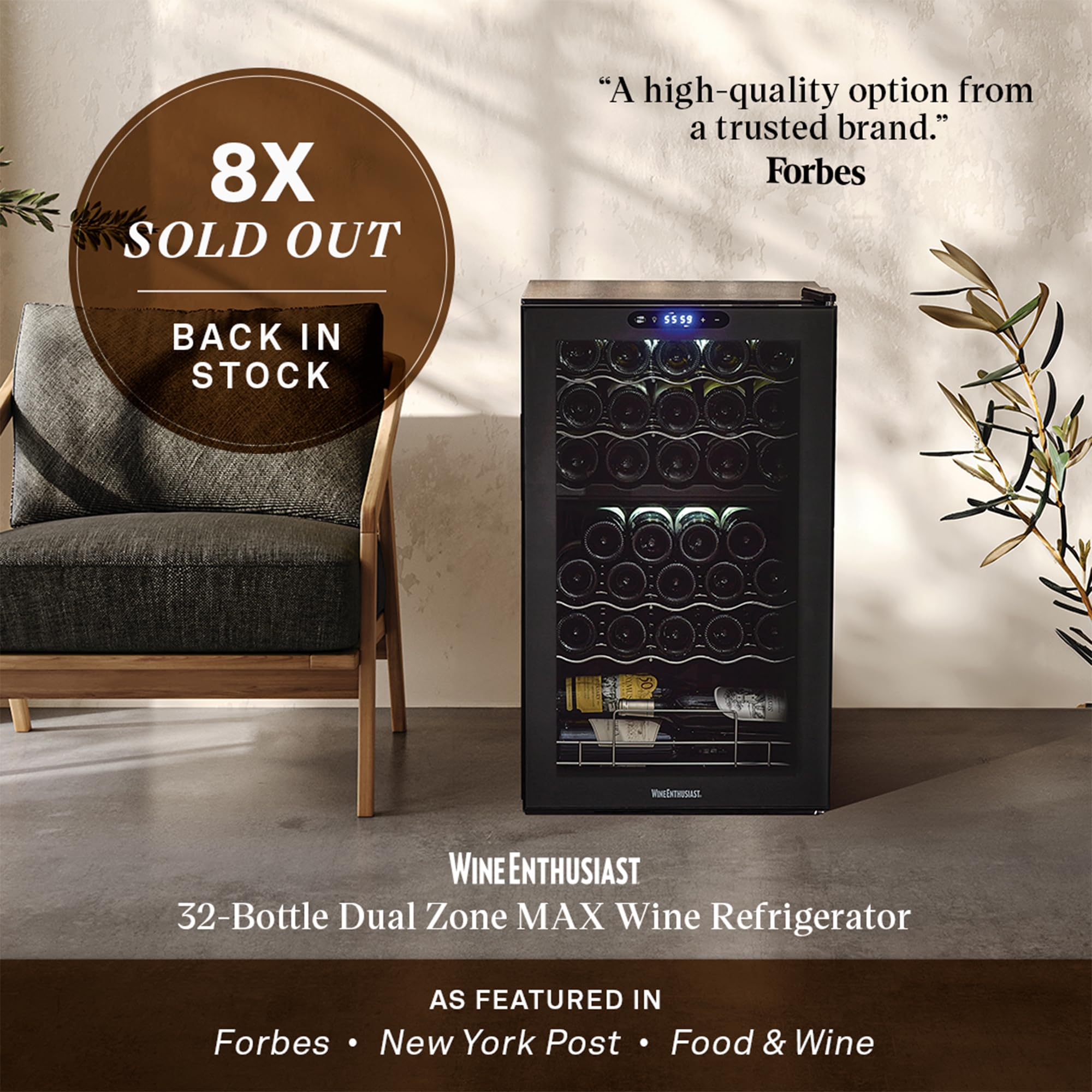 Wine Enthusiast 32-Bottle Dual Zone MAX Compressor Wine Cooler – Freestanding Mini Fridge with Digital Touchscreen, LED Display, Split Storage for Red & White Wines, Matte Black Refrigerator Home Bar