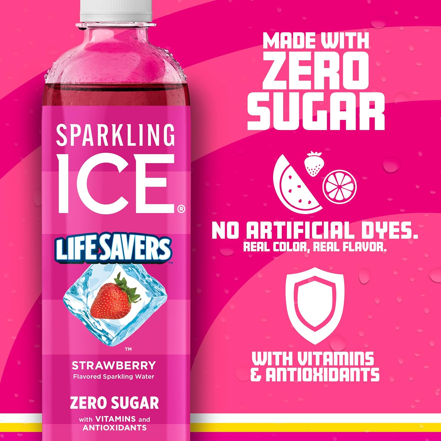 Sparkling Ice® LIFESAVERS™ Strawberry, Zero Sugar Flavored Sparkling Water, with Vitamins and Antioxidants. No Artificial Dyes, Low Calorie Beverage, 17 fl oz Bottles (Pack of 12)