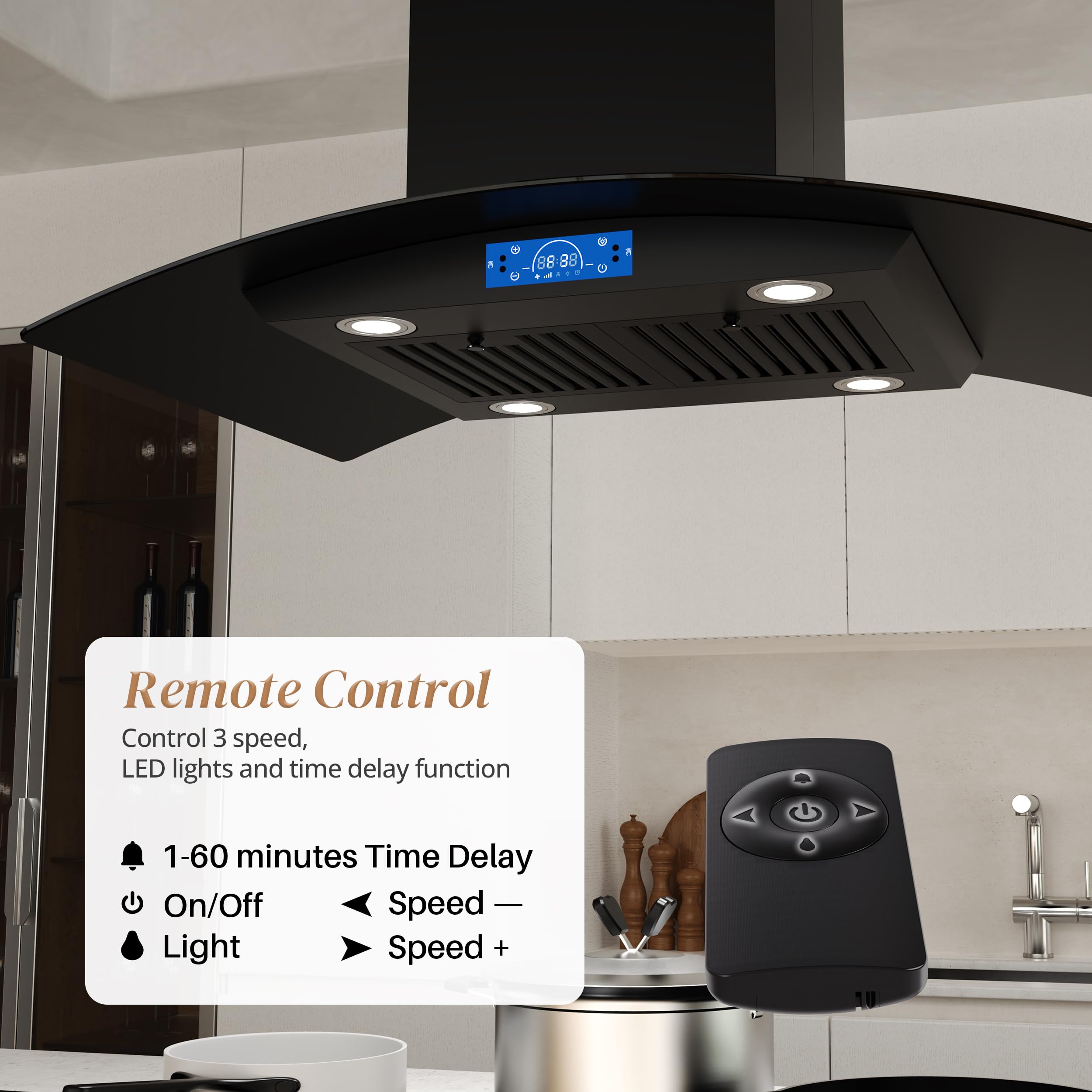 FIREGAS Island Range Hood 30 inch 700 CFM with Chimney, Ceiling Mount Kitchen Vent Hood with Tempered Glass, 4 LED Lights, Permanent Filters, Premium Touch Control Panel, Includes Charcoal Filter