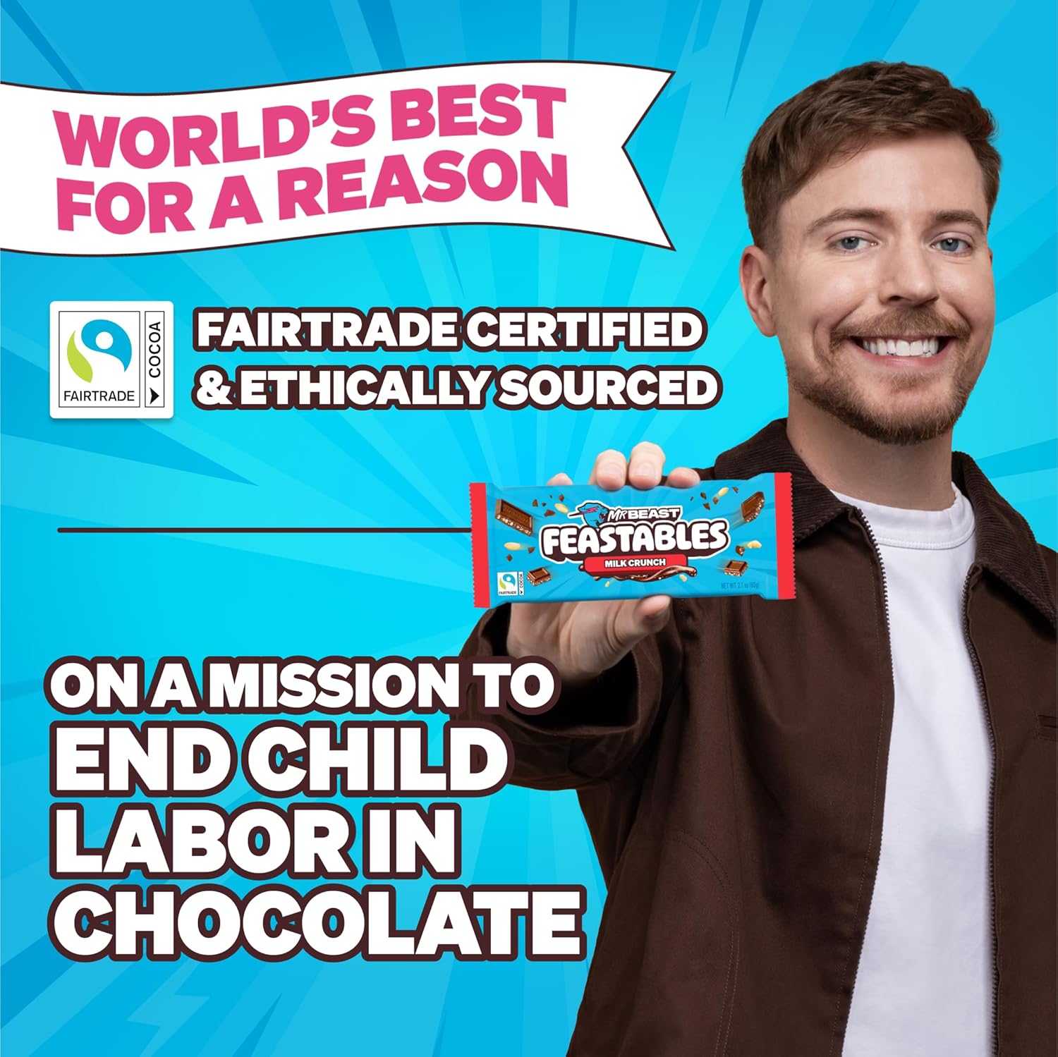 Feastables MrBeast Combo Pack, King Size Milk Chocolate & Milk Crunch Bars, 10 Each, Candy Bars for Adults & Kids, Candy Bar for Snacks, Gifts, or Dessert, Fairtrade Cocoa, 2.1 Oz Each, 20 Count