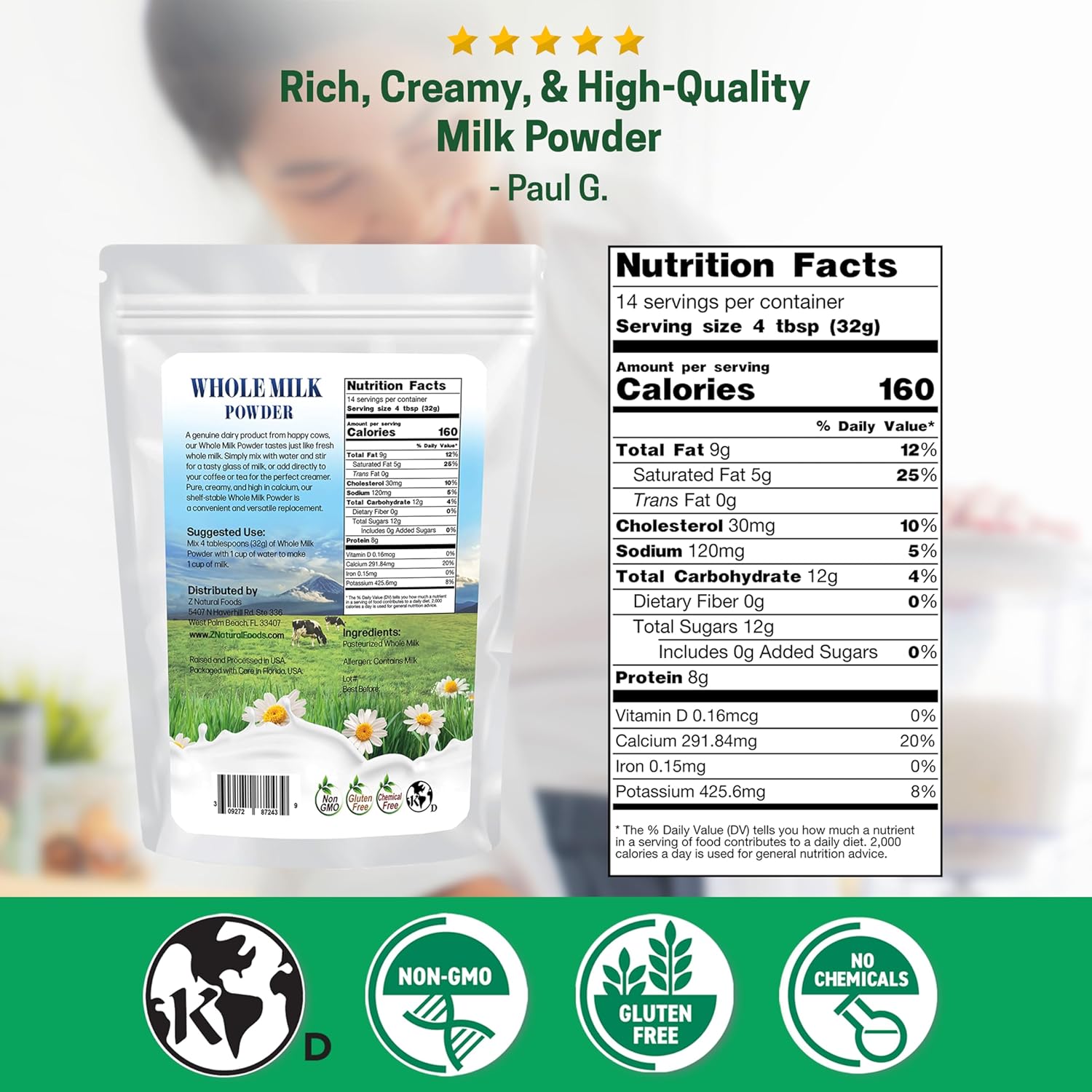 Z Natural Foods Premium Whole Milk Powder - Powdered Milk for Baking, Cooking, Drinks - Dry Milk Powder, Pasteurized, Non-GMO, Gluten-Free, Kosher-Certified, 5 lbs