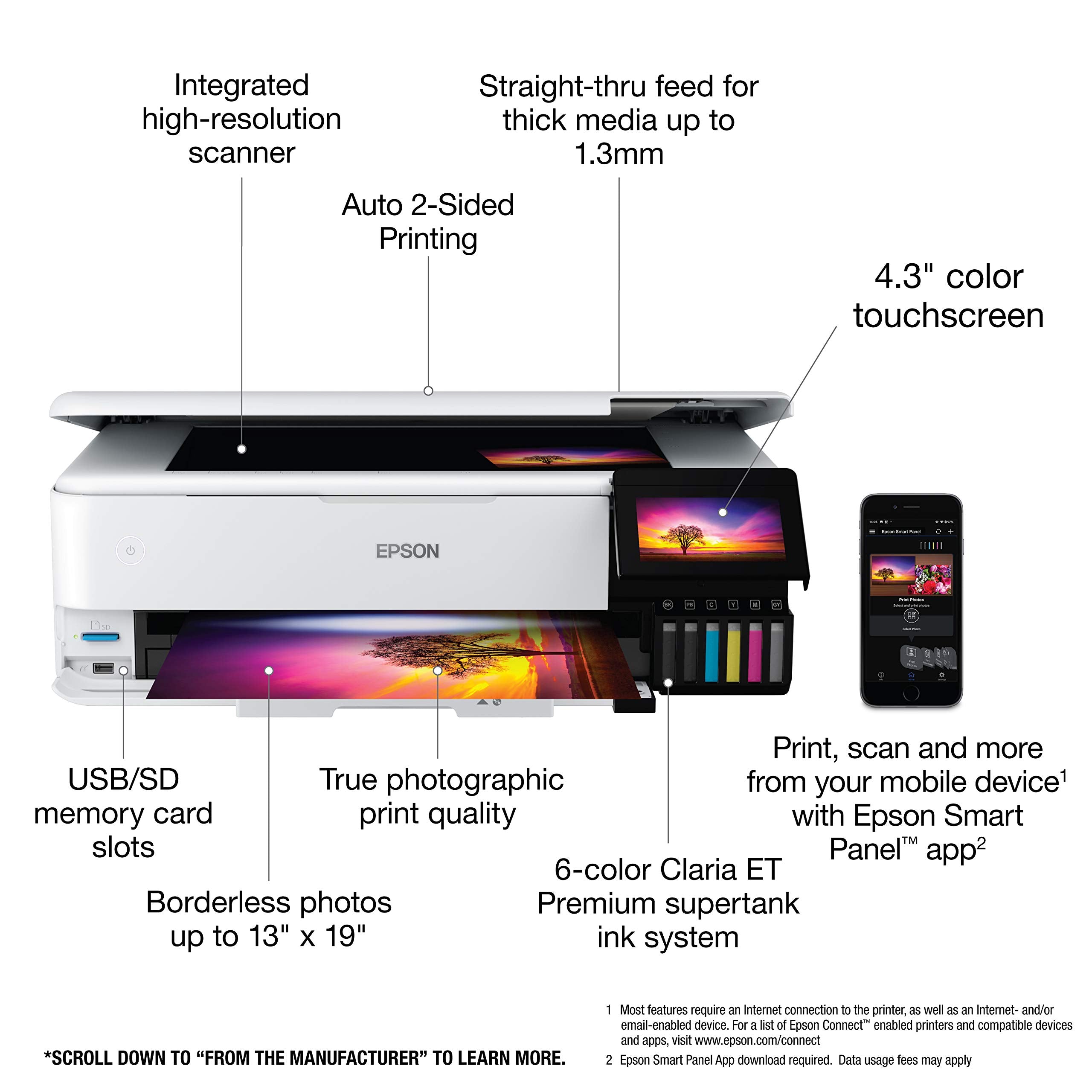 Epson EcoTank Photo ET-8550 Wireless Wide-Format Color All-in-One Supertank Printer with High Resolution Scanner, Ethernet, USB, and Color Touchscreen