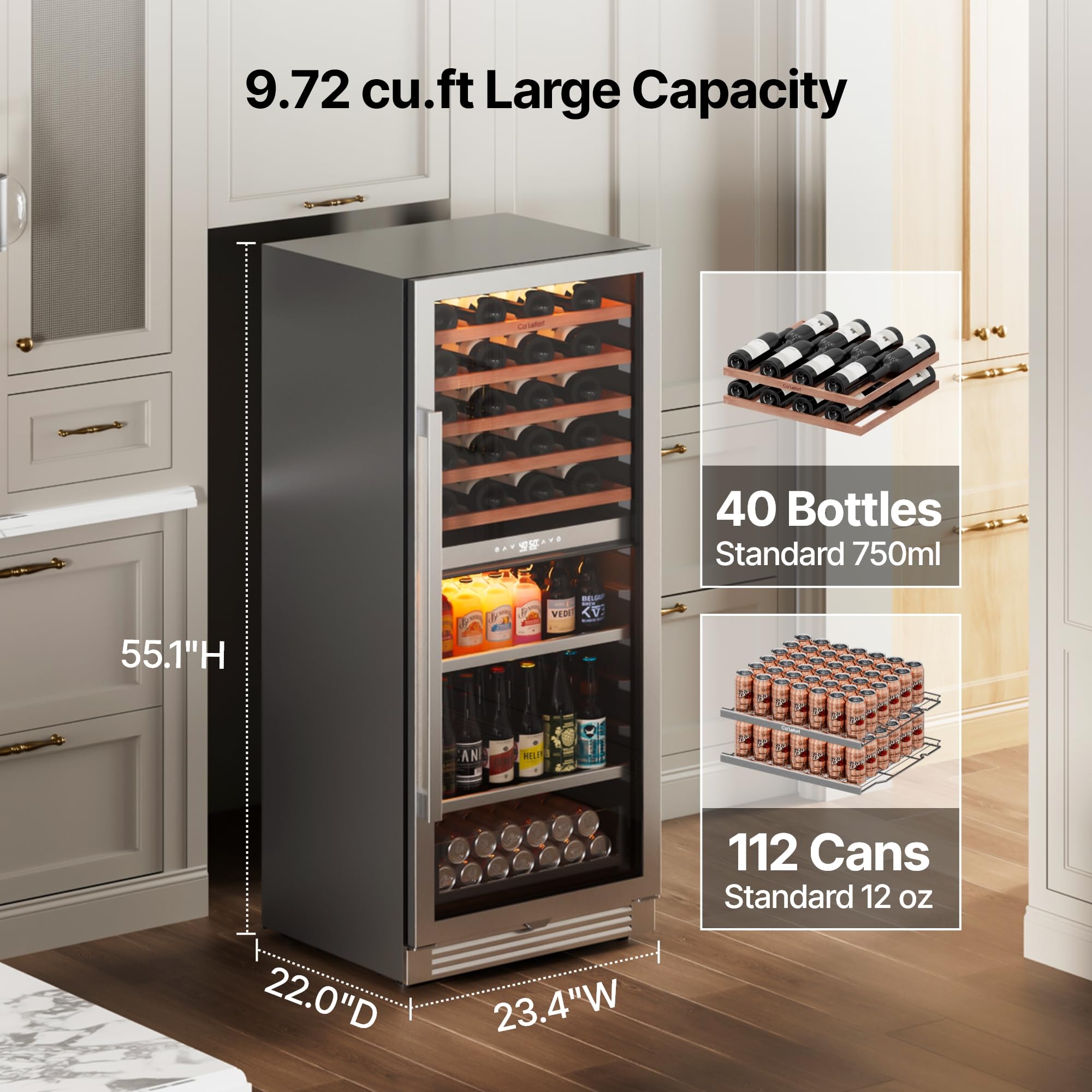 Ca'Lefort 15 Inch Wine Fridge, 33 Bottle Wine Cooler Refrigerator, 40-65°F Wine Refrigerator Glass Door, 3 LED Wine Fridge, Built-in or Freestanding Fridge for Home/Bar/Kitchen (3.0 cu.ft)