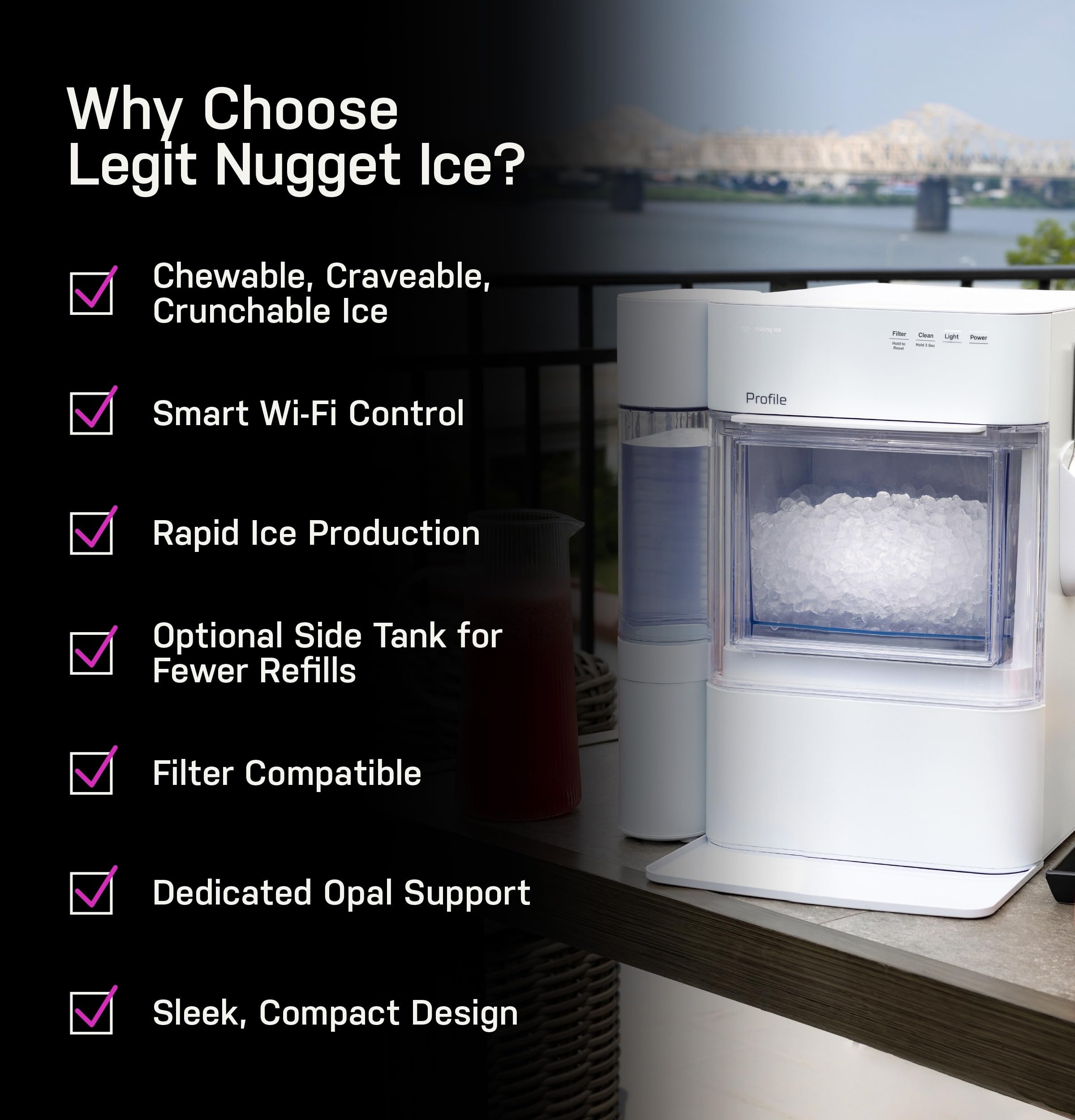 GE Profile Opal 2.0 Ultra Nugget Ice Maker with .75 Gallon Side Tank and Scale Inhibiting Filter, Scoop Included, 38 lbs in 24 Hours, Pellet Ice Machine with WiFi & Smart Connected, Stainless Steel