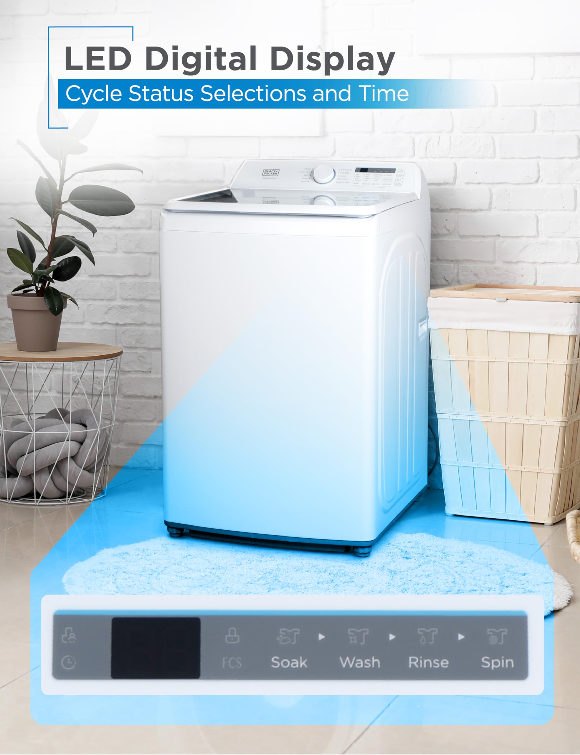 BLACK+DECKER Small Portable Washer, Washing Machine for Household Use, Portable Washer 2.0 Cu. Ft. with 6 Cycles, Transparent Lid & LED Display