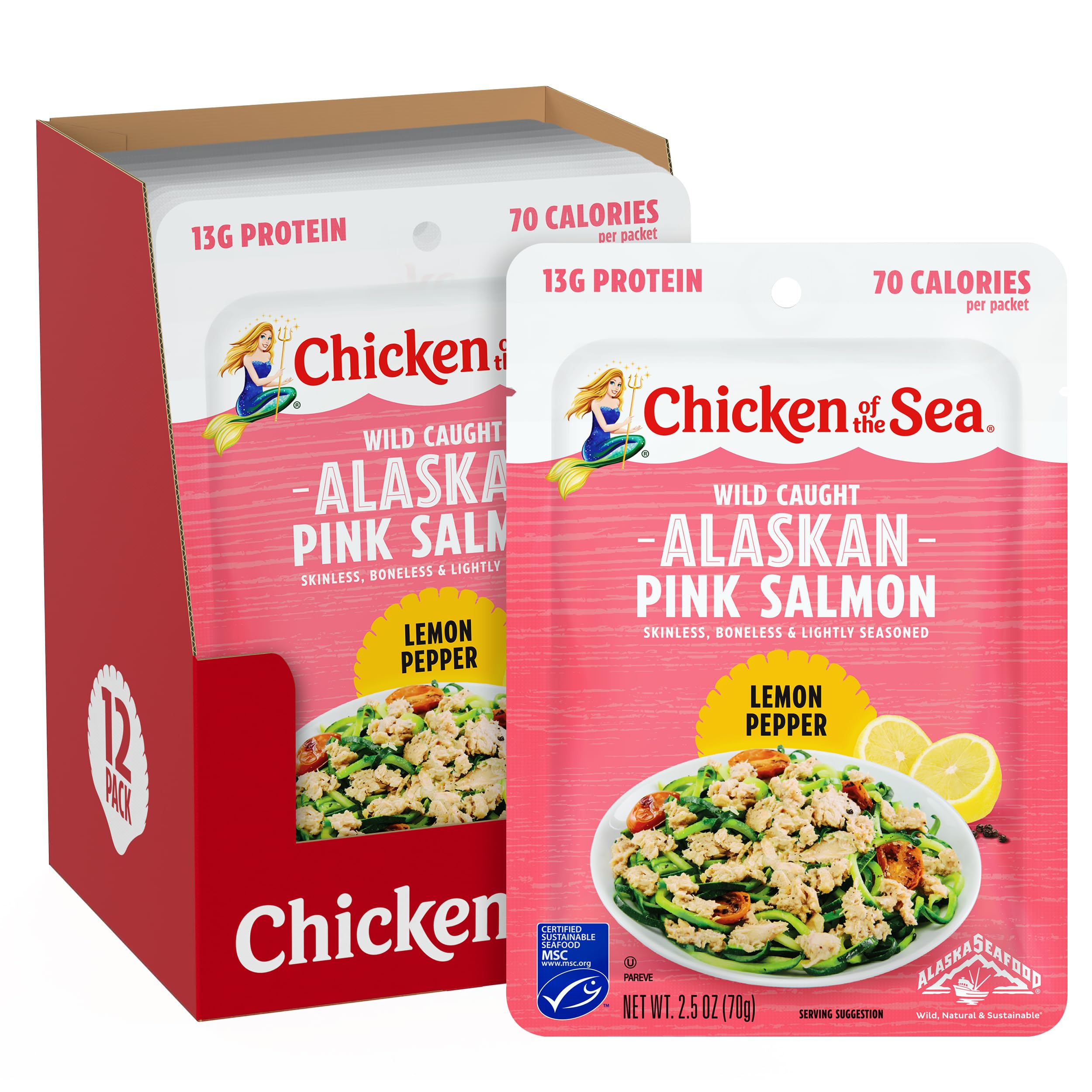 Chicken of the Sea Alaskan Pink Salmon in Spring Water, 2.5 Ounce Packets (Box of 12), Wild Caught, Skinless & Boneless