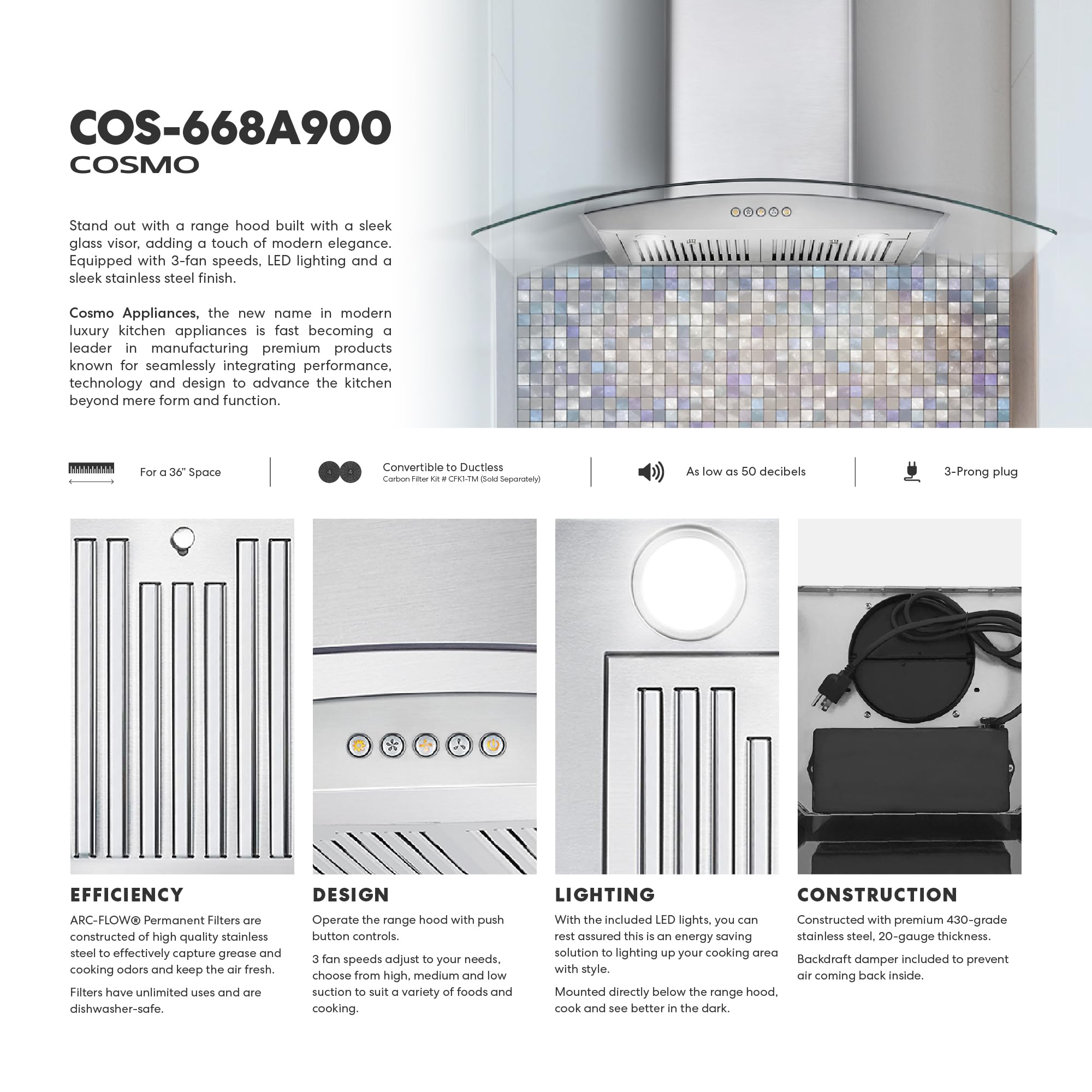 COSMO COS-668AS750 30 in. Vista Collection 380 CFM Ducted Wall Mount Range Hood, Touch Controls, LED Lights, Stainless Steel