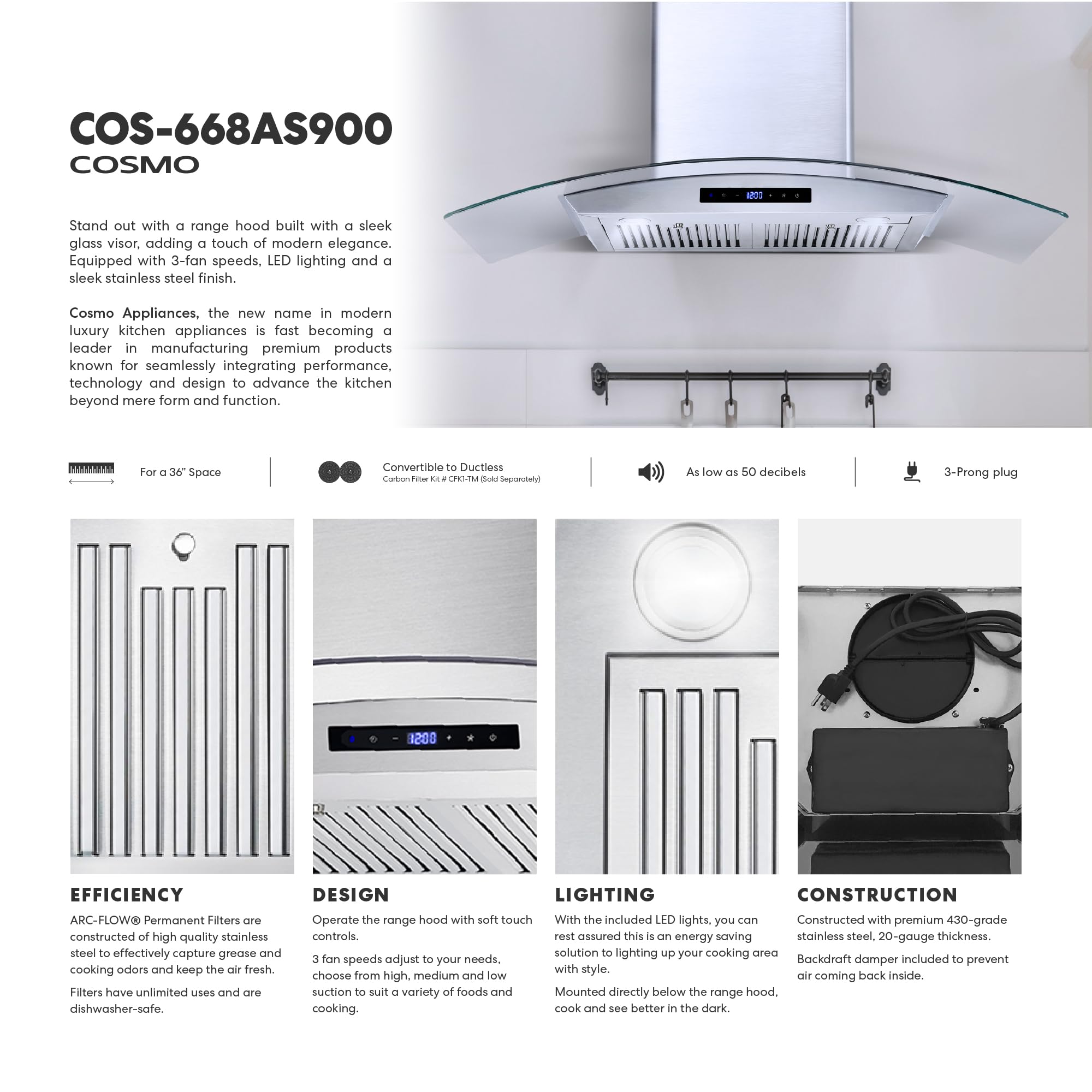 COSMO COS-668AS750 30 in. Vista Collection 380 CFM Ducted Wall Mount Range Hood, Touch Controls, LED Lights, Stainless Steel